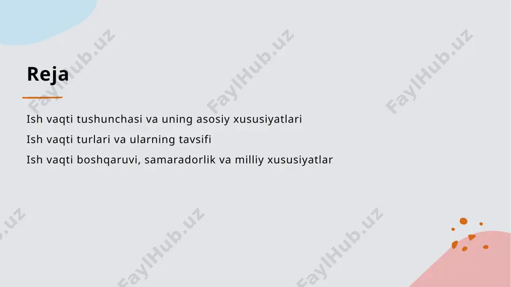 ligini ta’minlashda asosiy rol o‘ynaydi. ish vaqti xususiyatlariga ta’sir qiluvchi omillar 1 huquqiy me’yorlar - ish vaqti uzunligi va tartibi ko‘pincha mehnat qonunchiligi bilan belgilanadi, bu xodimlarning huquq va manfaatlarini himoya qiladi. 2 ish turi va soha - ish vaqti xususiyatlari kasb, soha va bajariladigan vazifalarga qarab farqlanadi; masalan, tibbiyot va ishlab chiqarishda talablari turlicha. 3 madaniy va ijtimoiy omillar - milliy an’analar, jamiyat qadriyatlari va oilaviy mas’uliyatlar ish vaqtining tashkil etilishiga va unga bo‘lgan munosabatga ta’sir qiladi. o‘zbekiston mehnat amaliyotida ish vaqti tushunchasi 1 ish vaqti mazmuni - o‘zbekistonda ish vaqti xodim tomonidan ish beruvchining topshirig‘iga binoan mehnat majburiyatlarini bajarish uchun ajratilgan davrdir. 2 qonunchilik asoslari - mehnat kodeksiga ko‘ra, ish vaqti davomiyligi, normasi va tartibi qat’iy belgilangan hamda barcha sohalarga tatbiq qilinadi. 3 amaliyotda qo‘llanishi - ish vaqti turli sohalarda har xil shakllarda, jumladan, to‘liq, qisqartirilgan yoki moslashuvchan jadvalda joriy etiladi. 4 ishchi vaqti nazorati - korxonalarda ish …