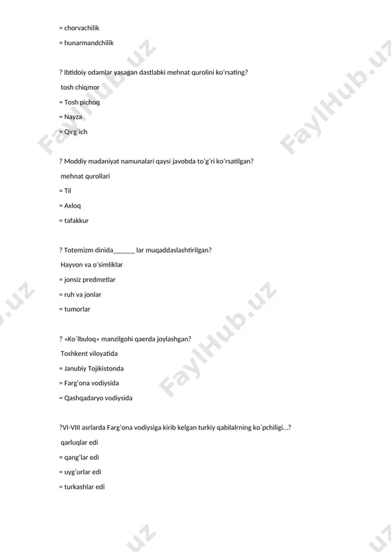 yurish uchun tayanch istehkomiga ega bo`lish = turkiyaga yurish uchun tayanch istehkomiga ega bo`lish ? miloddan avvalgi ii asrda iqtisodiy hayotda eng muhim hisoblanuvchi yangilik to`g’ri ko`rsatilgan javobni toping. buyuk ipak yo`lining ochilishi = tut ipak qurtining xonakilashtirilishi = tanga pullarning ixtiro qilinishi = o`rta osiyoda metall omochning ixtiro qilinishi ? miloddan avvalgi i va milodiy i asrlar mobaynida paydo bo`lgan, yangi turkiyzabon etnos nomini aniqlang? kushonlar = daylar = toharlar = eftallar ? eftallardan engilgan kidariylar qaerga borib joylashishga majbur bo`ldilar? shimoliy hindistonga = janubiy tojikistonga. = afg’onistonga = marv vohasiga ? v-vi asrlarda ko`chmanchilar ta`sirida madaniy hayot biroz dag’allashadi. bu hol ayniqsa kulolchilikda yaqqol seziladi. ushbu ta`sir qaysi tarixiy hududlarda deyarli sezilmaydi? sharqiy so`g’d va toharistonda = buxoro va xorazmda = so`g’d va qashqadaryoda = tohariston va xorazmda ? g’arbiy turk xoqonligida davlat boshqaruvida islohotlar o`tkazgan hukmdorni aniqlang.? to`nyabg’u = asanshod = bumin = eltarish xoqon ? «fil …