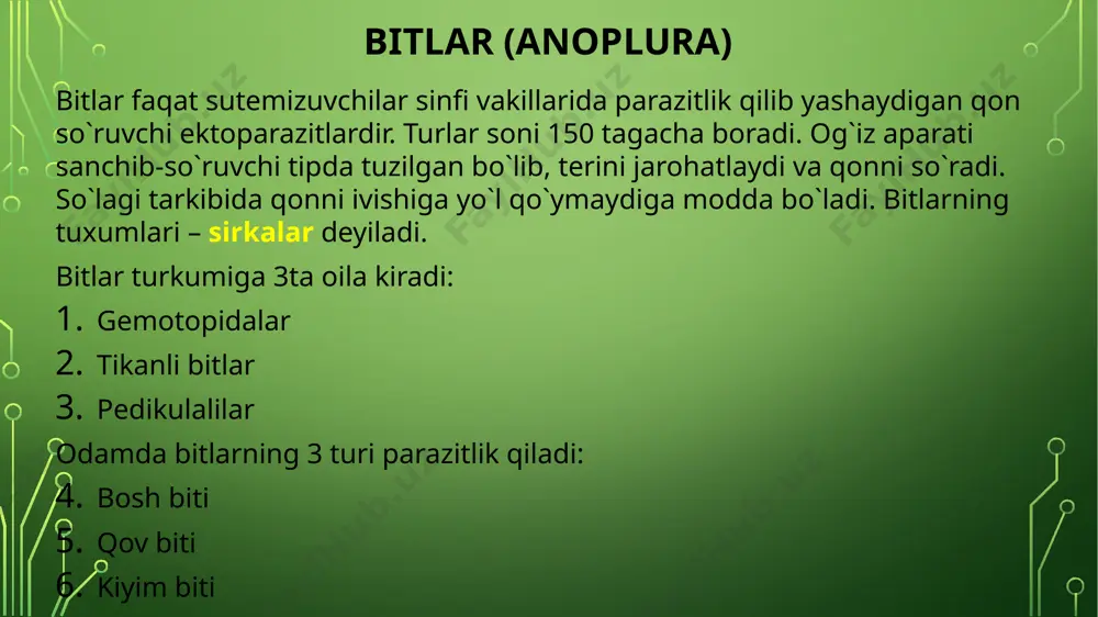 allikni oldini olish uchun pedikulyozni yo`qotish kerak. buning uchun kiyimlar va ko`rpalar 98 haroratda bug` bilan ishlanadi. burga (aphaniptera) burgalarning turi 1500 tagacha bo`lib, hammasi obligat gemotafag hisoblanadi. ular odamda uchraydigan og`ir transmissiv kasalliklarni tarqatadi. odam burgasini orqa oyoqlari yaxshi rivojlangan bo`lib 9 sm balandlikka va 32 sm masofaga sakraydi. odam burgasi (pulex irritans) bir kunda kamida 1 marta qon so`radi. ular faqat bir turdagi organizmda emas balki, 1turdan 2 turga va odamga ham o`tishi mumkin. burrgalar o`lat (chuma) va tulyaremiya qo`zg`atuvchilarini tarqatadi. o`lat tabiiy manbali fakultativ transmissiv kasallik hisoblanadi. bu kasallik bilan og`rigan bemor 3-4 kun ichida o`ladi. bu kasallik 2xil yo`l bilan yuqadi: burgalar orqali mexanik yo'l bilan, masalan: bemor bilan yaqin aloqada bo'lganda, bemoming chiqindilari, buyumlari orqali va hatto havo tomchilari orqali ham o'lat kasalligi yuqishi mumkin. chivinlar chivinlar guruhining bir qancha oilasi bo'lib, tibbiyotda ahamiyatga ega bo'lgani culicidaelar oilasiga mansub chivinlardir. oila 2000 turni o'z ichiga …