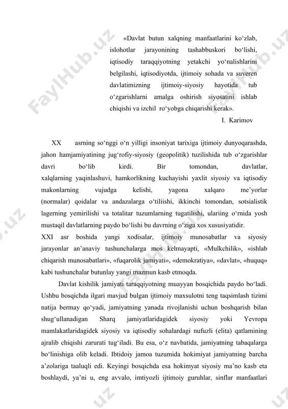 bosqichda esa hokimyat siyosiy ma’no kasb eta boshlaydi, ya’ni u, eng avvalo, imtiyozli ijtimoiy guruhlar, sinflar manfaatlari uchun xizmat qila boshlaydi. binobarin, davlatning kelib chiqishi xamisha ijtimoiy hokimiyatning ommaviy siyosiy hokimiyatga aylanishi bilan bog‘liq. bu hokimiyatning ijtimoiy jamoa tuzumidan farqli o‘laroq, eng avvalo, jamiyatning imtiyozli qismi va sinfiy manfaatlarga xizmat qilishini bildiradi. bunday holatda sinfiy yondashuv mazkur hokimiyatni tavsiflash, bunday davlatning mohiyatini ta’riflashga imkon yaratadi. albatta, davlat tushunchasiga u yoki bu yondashuvni dabdurustdan inkor etish to‘g‘ri emas. davlatga berilgan har qanday ta’rifni diqqat bilan o‘rganish kerak. bunda asosiy e’tiborni davlatning mohiyati nimadan iboratligiga qaratish lozim. shu bois, mohiyat mazkur xodisadagi bosh, belgilovchi, asosiy jihatdir, ya’ni bu xodisani tashkil etadigan ichki o‘ziga xos xususiyatlari yig‘indisi bo‘lib, ularsiz har qanday hodisa o‘ziga xoslikdan mahrum bo‘ladi. davlat mohiyatining asosiy jihati hokimiyat va uning kimga tegishliligi masalasidir. hozirgi davrda demokratik huquqiy davlat nazariyasini ishlab chiqish huquqshunoslik fanining asosiy g‘oyasi va vazifasidir. demokratik huquqiy davlatni …