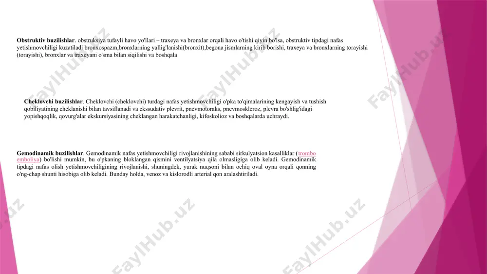 di va rao2 30 mm.sim.ust gacha kamayadi. bemor hushidan ketadi. surunkali gipoksemiya o'pka gipertenziyasi bilan namoyon bo'ladi. giperkapniyaning namoyon bo'lishi. giperkapniyaning namoyon bo'lishi taxikardiya, uyquning buzilishi (kechasi uyqusizlik va kunduzi uyquchanlik), ko'ngil aynish, bosh og'rig'i. arterial qonda karbonat angidridning qisman bosimining (paco2) tez o'sishi miya qon oqimining ko'payishi, intrakranial bosimning oshishi va miya shishi rivojlanishi bilan bog'liq giperkapnik koma holatiga olib kelishi mumkin. nafas olish mushaklarining zaifligi va charchash sindromi nafas olish tezligining oshishi va nafas olish jarayonida yordamchi mushaklarning (yuqori nafas yo'llarining mushaklari, bo'yin mushaklari, qorin mushaklari) faol ishtiroki bilan tavsiflanadi. diagnostika o'pkani kt qilish o'pka rentgeni spirometriya bronxoskopiya biokimyoviy qon tahlili umumiy qon tekshiruvi nafas olish yetishmovchiligini davolash nafas yetishmovchiligini davolash quyidagilarni o‘z ichiga oladi: antibiotiklar bronxolitiklar kislorod terapiyasi ko‘krak qafasini massaj qilish diuretiklar bronxlar sekretsiyasining aspiratsiyasi ingalyatsiyalar davolash fizkulturasi \nafas olish yetishmovchiligini davolash. nafas olish yetishmovchiligi bo'lgan bemorlarni davolash quyidagilarni o'z ichiga oladi: o'pka ventilyatsiyasi va qonni …