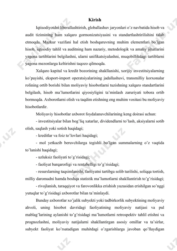 va farovonlikka erishish yuzasidan erishilgan so’nggi yutuqlar to’g’risidagi axborotlar bilan ta’minlaydi. bunday axborotlar xo’jalik subyekti yoki tadbirkorlik subyektining moliyaviy ahvoli, uning hisobot davridagi faoliyatining moliyaviy natijasi va pul mablag’larining aylanishi to’g’risidagi ma’lumotlarni retrospektiv tahlil etishni va prognozlashni, moliyaviy natijalarni shakllantirgan asosiy omillar va ta’sirlar, subyekt faoliyat ko’rsatadigan muhitdagi o’zgarishlarga javoban qo’llaydigan choralari, subyektning moliyaviy natijalarni saqlab qolish va ko’paytirishga qaratilgan investitsion siyosati, dividend siyosati; uning faoliyatni moliyalashtirish manbalari va majburiyatlari holatini qamrab olgan kompleks moliyaviy tahlilini amalga oshirishni talab etadi. moliyaviy tahlil investitsiyalar va kreditlarga doir qarorlarni qabul qilishga; subyektning bo’lg’usi pul oqimlariga; ularga ishonib topshirilgan resurslarga, majburiyatlarga; rahbar organlarning ishiga baho berishda biznes samaradorligi va boshqaruvning sifat menejmentiga erishishda muhim dastak vazifasini bajaradi. moliyaviy tahlilning eng muhim obyektlariga: subyekt nazorat qilib turadigan iqtisodiy resurslari va ularning moliyaviy tuzilmasi; likvidligi; to’lovga qobiliyati; moliyaviy ahvoli va uning kelgusidagi kutilishlari; moliyaviy natijalari va rentabelligi; pul mablag’lari va ularning ekvivalentlari; kapital hajmi, moliyaviy …