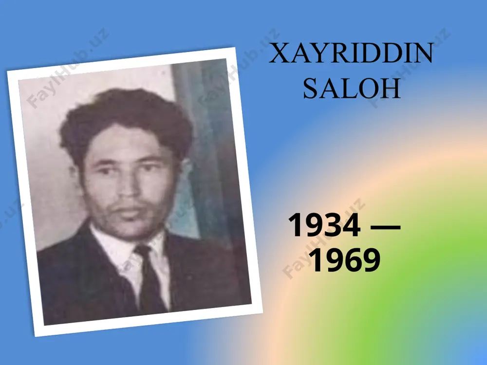 , qalbim, hech vaqt qolmaysan dog`da. doim do`st-u yor yuragiga oqib kirgin bo`lib kuy, g`azal. yo bo’lmasa yov yuragiga xanjar bo`lib, tig` bo`lib qadal! 1964 yuraklarni zabt etmoq uchun tasma-tasma ko’kda kamalak, kamalakni seving, do’stlarim. charx uradi gulda kapalak, kapalakni quving, do’stlarim! tog` boshidan sakrar sharshara, sharsharaga solingiz quloq. yashillikka cho’mmish tog’, dara, daralardan uzmangiz nigoh. ufqlarning etagi yal-yal, ufqlarni ko’zlangiz faqat. neki bo’lsa hayotda go’zal, go’zallikdan so’zlangiz faqat! go’zallik bugun turib hammadan barvaqt, dala tomon yo’l lodim xushvaqt. ammo borsam tamom o’zga hol, hayrat bilan turib qoldim lol. mendan barvaqt uyg’onib shamol, g’uncha labin ochibdi xushhol. mendan barvaqt uyg’onib shudring maysalar-la, boshlabdi gurung. mendan barvaqt uyg’onib so’qmoq, cho’zilibdi uzundan – uzoq. xoh… ertaga barin ko’raman, barchasidan barvaqt turaman. “barchasidan barvaqt turaman” 15 bilimingizni sinang! ijodkorning dostonlarini bilasizmi? “yer va ter” she’rida qanday g`oya ilgari surilgan? “yulduzlar afsonasi” she’riy-hikoyasi sizda qanday taassurot qoldirdi? xayriddin saloh qaysi ijodkorlarning asarlarini o`zbekchaga tarjima …