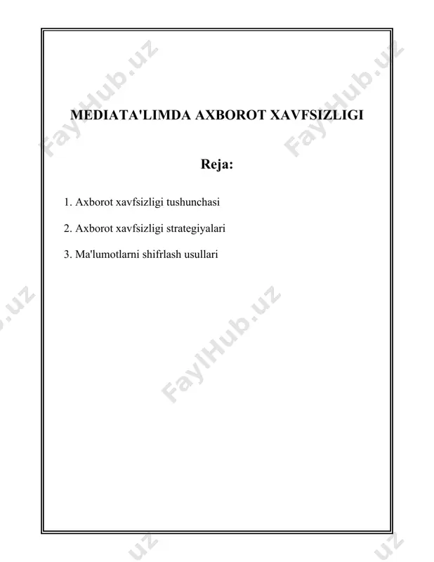 kimligini aniqlash jarayoni. bu parol, biometrik ma'lumotlar yoki tokenlar yordamida amalga oshirilishi mumkin. - **ruxsat berish:** ruxsat berish tizimda faqatgina ruxsat etilgan foydalanuvchilarning tegishli ma'lumot va xizmatlarga kirishini ta'minlaydi. - **shifrlash:** ma'lumotni o'zgartirish orqali uning maxfiyligini saqlash usuli. bu orqali ma'lumotlar shaxsiy kalit bilan kodlanadi va faqatgina mos keluvchi kalit bilan ochiladi. - **auditing va monitoring:** bu axborot tizimida faoliyatni kuzatish va unga doir jarayonlarni yozib borishni o'z ichiga oladi. tizimning ishlashini va ma'lumotlarni kim va qachon foydalanganligini kuzatish orqali xavfsizlikni yanada mustahkamlash mumkin. so'nggi o'n yillarda axborot xavfsizligi sohasidagi tahdidlar sezilarli darajada ortib bordi. bugungi kunda, dunyo bo'ylab har kuni millionlab kibertahdidlar amalga oshiriladi. masalan, cybersecurity ventures kompaniyasining prognoziga ko'ra, 2025 yilga borib, kibertahdi bilan bog'liq xarajatlar yilda 10,5 trillion aqsh dollaridan oshishi mumkin. bu ko'rsatkich 2015 yilda esa 3 trillion dollarni tashkil etgan. sanoat tarmoqlari orasida, eng ko'p kibertahdidlarga duch keladiganlari - moliya, davlat boshqaruvi va sog'liqni saqlash …