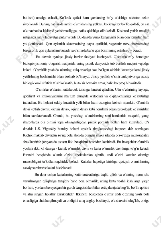 am osongina ko'rish mumkin. o'smirlik davri «o'tish davri», «krizis davr», «qiyin davr» kabi nomlarni olgan psixologik ko`rinishlari bilan xarakterlanadi. chunki, bu yoshdagi o`smirlarning xatti-harakatida muqobil, yangi sharoitlarda o`z o`rnini topa olmaganligidan psixik portlash hollari ham kuzatiladi. o'z davrida l.s. vigotskiy bunday holatni «psi​xik rivojlanishdagi inqiroz» deb nomlagan. kichik maktab davridan so`ng bola alohida olingan shaxs sifatida o`z-o`ziga munosabatini shakllantirish jarayonida asosan ikki bosqichni boshidan kechiradi. bu bosqichlar o'smirlik yoshini ikki xil davrga - ki​chik o`smirlik davri va katta o`smirlik davrlariga to`g`ri keladi. birinchi bosqichda o`smir o`zini «bola»lardan ajratib, endi o`zini kattalar olamiga mansubligini ta`kidlamoqchidek bo'ladi. katta​lar hayotiga kirishga qiziqish o`smirlarning asosiy xarakteristikalari hisoblanadi. bu davr uchun kattalarning xatti-harakatlariga taqlid qilish va o`zining mana shu yarashmagan qiliqlariga tanqidiy baho bera olmaslik, uning katta yoshli kishilarga yaqin bo`lishi, yordam berayotgan bir guruh tengdoshlari bilan ortiq darajada bog`liq bo`lib qolishi va shu singari holatlar xarakterlidir. ikkinchi bosqichda o`smir endi o`zining yosh bola emasligiga …