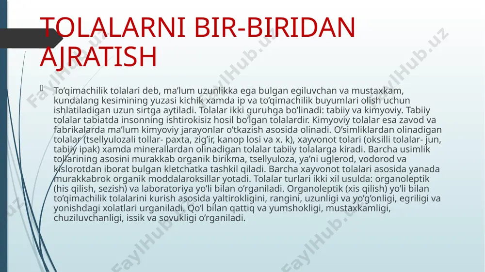 i, bu holda mikraskopda tekshiruv bilan birga kimyoviy usulda o’rganish kerak bo’ladi. 5 tolaning yonish xarakteri bo’yicha aniqlash eng qulay va oson usuldir. shuni e’tiborga olish kerakki yonish xarakteri bilan fakat bir xil tolalarni ajratish aniqroq bo’ladi. aralash tolalarni aniqlashda xatolikka yo’l kuyish mumkin. tolani yondirib ko’rishda uning yonish xarakteri, kulning qoldig’i va yongandagi xidi orkali tola turini aniklanadi. tola turi tolaning tashqi ko’rinishi yonish xarakter yonishdan keyingi qoldiq yongandagi hidi 1 paxta oq yoki tez kulrang, kuygan sarg’ish. yonadi. engil kul qog’oz yumshoq hosil hidi tolalari bo’ladi. keladi. ingichka 2 jun oq, bir oz yonganda tolalar- kuygan sarg’ish, tolalari ning pat kulrang, bir uchlari hidi qora. biriga dumaloqla keladi. mayin, yopishib nib dag’al, yarim qoladi, qoladi. dag’al alangada olinganda yopishishi to’xtaydi. 3 ipak oq yoki xuddi junga o’xshab yonadi. sarg’ish, yarim dag’al. 4 zig’ir och xuddi paxta kabi yonadi. kulrangdan to’q kulranggacha. jadval- 7. tabiiy tolalarning kimyoviy moddalarda o’zini …