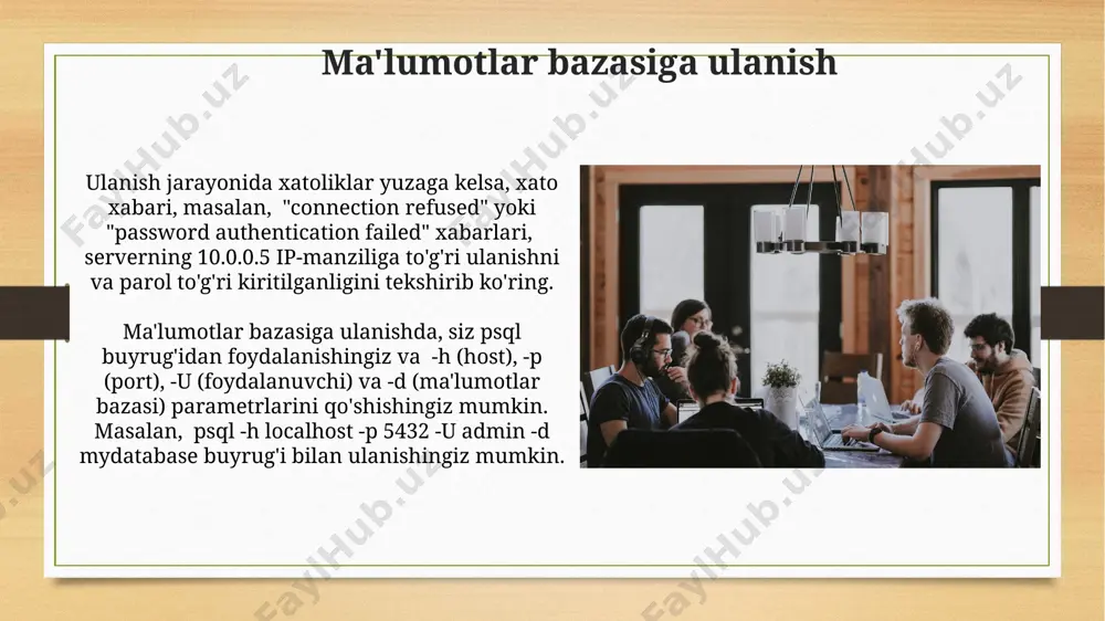 erib, `create database mydatabase;` so'rovini psql konsolida, 5432 port orqali lokal xostda bajaring. bu sizga toshkentdagi serverda ishlaydigan dasturingiz uchun baza beradi. agar sizning postgresql serveringiz 192.168.1.100 ip manzilida joylashgan bo'lsa va 5433 portini ishlatsa, `create database my_new_db owner postgres;` so'rovi bilan yangi ma'lumotlar bazasini yaratishingiz mumkin. bu sizga 2 gb hajmdagi ma'lumotlarni saqlash imkonini beradi. ma'lumotlar bazasi serverini ishga tushirish ma'lumotlar bazasini 8 gb ram li serverda, moskva vaqti bilan soat 10:00 da ishga tushirishdan avval, barcha kerakli kutubxonalarning 1.2 versiyasini o'rnatilganligiga ishonch hosil qiling. agar siz windows 10 tizimida ishlayotgan bo'lsangiz, postgresql 13 ni o'rnatgandan so'ng, xizmatni boshqarish panelidan yoki cmd orqali net start postgresql-x64-13 buyrug'i yordamida boshlashingiz mumkin. server holatini tekshirish postgresql serverining jurnallarini (loglarini) tekshirish orqali, xatolarni aniqlash va serverning 10-mart kuni soat 14:00 da qanday ishlaganini bilib olishingiz mumkin. bu sizga samarqanddagi serveringiz haqida batafsil ma'lumot beradi. serverning ishlayotganligini tekshirish uchun psql buyrug'ini ishlatib, ma'lumotlar …