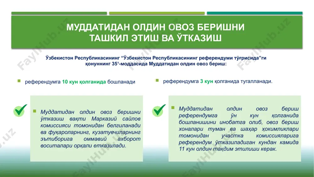 ум участкаси тартиб рақами ёзилган пешлавҳа жойлаштирилади, бинога кириш жойида ногиронлар аравачасига мослаштирилган нишаб йўлаклари (пандуслар) бўлиши ва уларнинг белгиланган талабларга (эни камида 90 сантиметр, чиқиш бурчаги 30° дан кўп бўлмаган) мос келиши керак. участка комиссиясида юритиладиган қуйидаги иш юритиш дафтари ва жилдлари бўлиши лозим: участка комиссиясининг қарорлари, баённомалари ва далолатномаларининг жилди; кузатувчиларни рўйхатга олиш дафтари. кириш, чиқиш ҳужжатларини, шу жумладан мурожаатларни рўйхатга олиш дафтари ва жилди; референдум куни фуқаро ўз яшаш жойида бўлиш имкониятига эга бўлмаганда (таътил, хизмат сафари ва ҳоказо) референдум куни хорижга чиқишни режалаштирганда муддатидан олдин овоз бериш нима учун зарур? шунингдек, овоз берувчи фуқаролар рўйхатини аниқлаштириш ишлари олиб борилаётган вақтда фуқароларга муддатидан олдин овоз беришни амалга ошириш имконияти ва бошқа ҳуқуқлари тушунтирилади. ! участка комиссиялари референдум участкасидаги овоз берувчи фуқаролар умумий сонининг 5 фоизи миқдорида бюллетенларни ҳамда конвертларни округ комиссиясидан муддатидан олдин овоз бериш бошланишига камида уч кун қолганида оладилар. овоз бериш бюллетенларини олиш, расмийлаштириш ва …