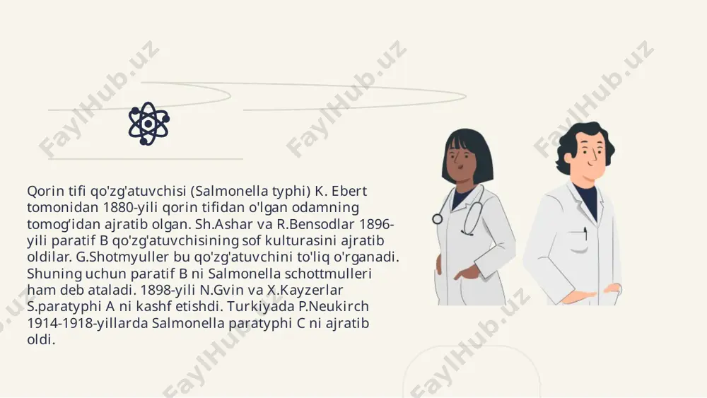 ta, shuning uchun suvni zararsizlantirish, suv manbalarining ifloslanishiga yol qo'ymaslik, hovli va uning atroflarini toza saqlash, pashsha(chivin)larga qarshi kurashish, ovqat mahsulotlarini, ho’l mevalarni pashshalardan ehtiyot qilish, oziq-ovqat muassasalari va oshxona xodimlarini doimiy ravishda bakteriologik tekshiruvdan o‘tkazib turish va sanitariya-gigiyena qoidalariga rioya qilish, aholining sanitariya madaniyatini oshirish va hokazolar. e’tiboringiz uchun rahmat! image1.gif image2.png image3.gif image4.gif image5.gif image6.gif