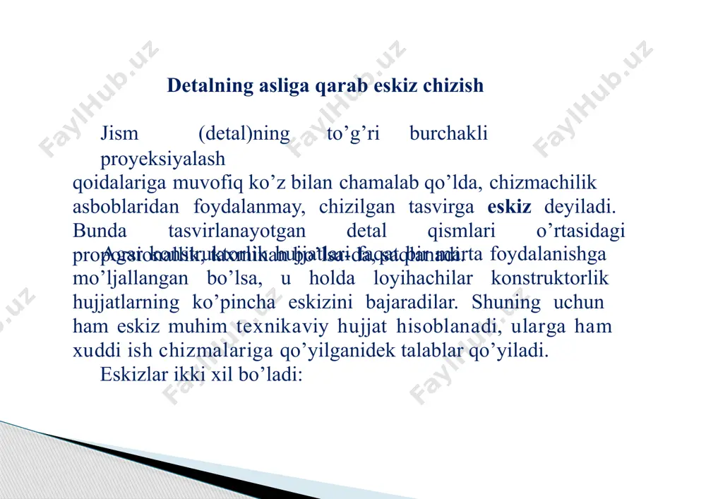 etga chiqishlar hamda boshqa parametrlar vatalablar. -detallarni qanday usullar (payvandlash, parchinlash va boshqalar)yordamida biriktirilishi xaqida ma’lumotlar. -bevosita buyumning tarkibiga kiruvchi qismlarining pozitsiya belgilari. -buyumning asosiy xarakteristikalari. -buyumning gabarit, o’rnatish vabiriktirish hamda kerakli ma’lumot (spravka) o’lchamlari. -yig’ish chizmasining asosiy yozuvi va uning spetsifikatsiyasi (gost 2104-96). har bir buyumning gabarit o’lchamlariga ko’ra yig’ish chizmasialohida formatda bajariladi. yig’ish chizmasida ko’rinishlar soni minimaldarajada bo’lishi, lekin bu ko’rinishlar buyum haqida, uning detallariniyig’ish haqida to’la ma’lumot berishi lozim. ko’pincha ko’rinishlar sonibuyumning murakkabligiga bog’liq. asosiy ko’-rinishlarni kamaytirish hisobiga, ustiga chizilgan proyeksiyalar, mahalliy ko’rinishlar kerakliqirqim va kesimlardan foydalanish juda muhim hisoblanadi. yig’ish chizmasining spetsifikatsiyasi yig’ish chizmasining asosiy yozuvi va spetsifikatsiyasi gost 2104-96 da ko’rsatishgandek bajariladi (8.2-shakl). spetsifikatsiya grafalariquyidagicha to’ldiriladi: 1. format.spetsifikatsiyada nomi ko’rsatilgan hujjatlarningformati belgisi yoziladi. 2.zona.agar chizmaning maydoni zonalargagost 2104- 96gamuvofiq bo’lingan bo’lsa, buyumning tarkibiy qismlari joylashtirilganzonalar ko’rsatiladi. 3.pozitsiya.bunda spetsifikatsiyaga yozilayotgan buyum tarkibigabevosita kiruvchi qismlarning tartib raqamlari spetsifikatsiyada yozilgan tartibda ko’rsatiladi. hujjatlar, komplektlar bo’limlari uchun bu grafalarto’ldirilmaydi. …