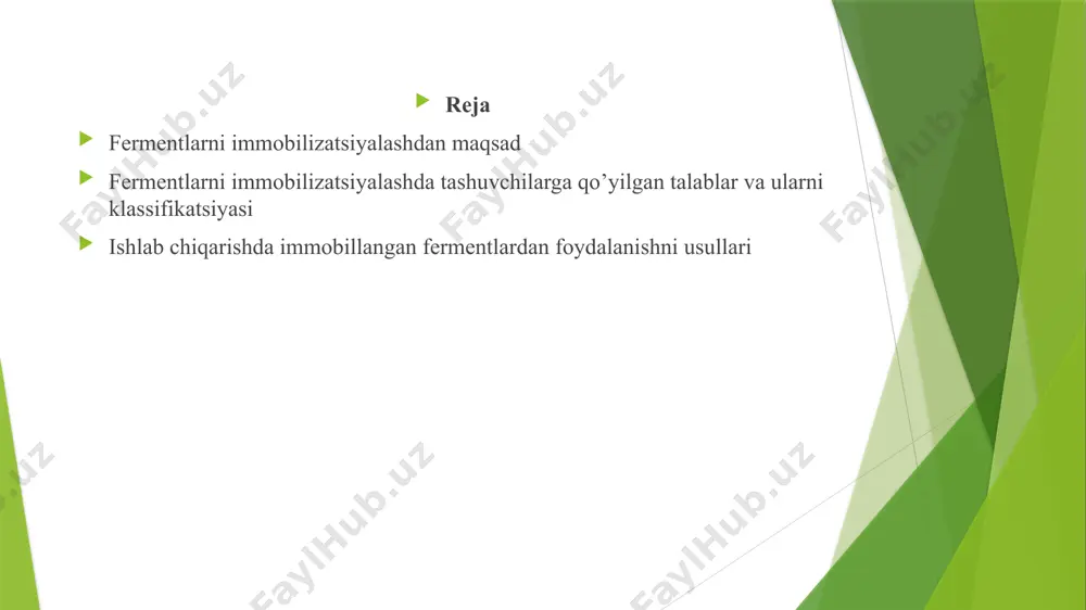 rda olinishi (granulalar, membranalar); - oson aktivlanish; - yuqori darajada gidrofillik; - arzon bo'lishlik va h.k. fermentlarni immobillashda ishlatiladigan tashuvchilar organik noorganik polimer quyimolekulyar makroporali boshqalar polimetilenli, poliamidli (akril kislotasining hosilasi – akrilamid, n-vinilpirrolidon), poliefirli, slikagel g'ovak shishalar, shisha tolalar, faollashgan ko'mir, sintetik sentonit tselyuloza modifiktsiyalari deae-tsellyuloza, km-tsellyuloza, ekteola-tsellyuloza. dekstran asosida sefadekslar tabiiy (immobillash uchun tabiiy polisaxaridlar va polimetil tipidagi sintetik tashuvchilar ko'proq ishlatiladi) polisaxaridli (tsellyuloza, dekstrin, agaroza, agar-agar) oqsilli (keratin, fibrin, kollagen, miozin, albumin) va lipidli (liposomalar) immobillash o’ziga hos hususiyatlari afzalliklari kamchiliklari adsorbsiya qadimgi usul past energiyali bog’lar: ion, vodorod va van der vall ishlatilgan zarracha hajmi: diametri 500 a dan 1mm gacha. adsorbet sifatida: mineral (alyuminiy oksidi, loy); organik (kraxmal); modifikatsiyalangan (sefaroza va ion almashinadigan smolalar). amalga oshirish oson reagantlar talab qilmaydi faollashtirish oson arzon adsorbsiyalanishi qiyin samaradorlik kam kovalent bog’lanish. fermentlarni immoblizatsiya qilishning keng qo’llaniladigan usul. kovalent bog’lanishli kimyoviy guruhlar: amino guruhlari, imino guruhlari, gidroksil guruhlari, …