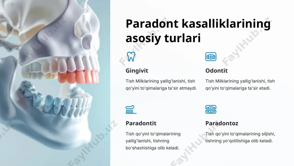 'g'ri tizilmaganligi paradont kasalliklariga olib kelishi mumkin. ichki faktorlar gormonlarning o'zgarishi, metabolizmning buzilishi, ba'zi kasalliklar va boshqa ichki omillar ham paradont kasalliklariga olib kelishi mumkin. tashqi faktorlar tish gigienasining yomonligi, noto'g'ri ovqatlanish, chekish va spirtli ichimliklarni iste'mol qilish kabi tashqi omillar ham paradont kasalliklarining sabablari hisoblanadi. 14 tish yuzasidagi ko'payib boradigan bakteriyalar bakteriyalar turlari tish yuzasida turli xil bakteriyalar mavjud, ular orasida streptokokklar, stafilokokklar, aktomitsetlar va boshqalar. ba'zi bakteriyalar tish emalini yo'q qiladi, boshqalari esa yallig'lanish jarayonlarini keltirib chiqaradi. ushbu bakteriyalar tish yuzasida to'planib, plakka hosil qiladi. plakaning ta'siri plaka tish yuzasida qattiq qatlam hosil qiladi va tish emalini yo'q qiladi. bu esa tishning sezgirligi va tish og'rig'iga olib keladi. bundan tashqari, plaka yallig'lanish jarayonlarini kuchaytiradi va paradontoz rivojlanishiga olib kelishi mumkin. 15 tishlar yoki tish-jag’ apparati anomaliyalar tishlarning noto'g'ri joylashuvi tishlarning noto'g'ri o'sishi va joylashuvi paradontoz rivojlanishiga olib kelishi mumkin. bu holatda, tish etiga noto'g'ri yuk tushadi va yallig'lanish …