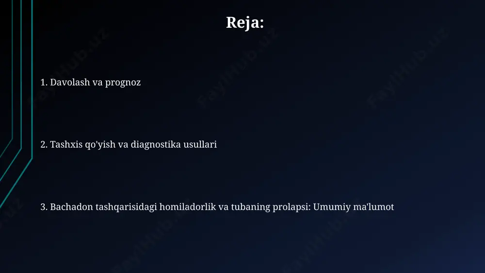 naychasining prolaps bilan birgalikdagi ektopik homiladorlikda, asosan laparoskopik yoki laparotomik usullar orqali 70% dan ortiq hollarda amalga oshiriladi. bachadon naychasi prolapsini hisobga olgan holda, jarrohlik muolajalari murakkabligi ortadi va qon ketish xavfi, taxminan 15-20% ga ko'tariladi. tasdiqlash va differentsial diagnostika diagnostika jarayonida, qorin bo'shlig'ining 10% gacha bo'lgan hollarda qon ketishi kuzatiladigan ektopik homiladorlikning tubal yorilishi xavfini aniqlash juda muhimdir; shoshilinch jarrohlik aralashuv talab etiladi. tashxis qo'yishda, bachadon naychasining prolapsasi bilan birga keladigan ektopik homiladorlikni aniqlash uchun transvaginal ultratovush tekshiruvi 90% hollarda samarali bo'ladi, shu bilan birga β-hcg darajasi dinamikasini kuzatish muhim ahamiyatga ega. jarrohlikdan keyingi davr bemorning jarrohlikdan keyingi davrida infektsiyani oldini olish uchun antibiotiklar 5-10 kun davomida buyurilishi mumkin, bu esa asoratlar xavfini sezilarli darajada kamaytiradi. jarrohlikdan keyingi 6-8 hafta ichida jismoniy faoliyatni asta-sekin tiklash tavsiya etiladi, bu davrda ogʻir yuk koʻtarishdan va jiddiy jismoniy mashqlar qilishdan saqlanish muhim. xatar omillari xatar omillarining 30%i tubal omillar bilan bog'liq bo'lib, …