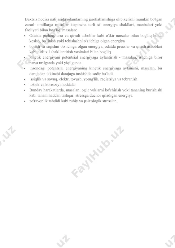 zilish) tushunchasi bilan bog'liq, chunki kasallik qisqa (o'tkir ta'sir qilish) yoki uzoq (surunkali ta'sir qilish) davrida bir yoki bir nechta agentlarning ta'siridan kelib chiqqan deb qaralishi mumkin. vaqt. surunkali ta'sir qilish agentlari odatda to'g'ridan-to'g'ri zararli emas, balki nisbatan doimiy va uzoq muddatli ta'sir qilish davridan keyin ta'sir qiladi, o'tkir ta'sir esa deyarli bir zumda zararli. shikastlanishning rivojlanishi uchun ta'sirning intensivligi, zararliligi va davri muhim ahamiyatga ega, bu ko'pincha turli xil agentlarning ta'sirining kombinatsiyasi bo'lishi mumkin. bu fakt ta'sir qilish manbalarini ko'rsatish va aniqlashni qiyinlashtiradi, chunki (boshqa sabablar qatorida) o'ziga xos kasalliklar va o'ziga xos ta'sir qilish manbalari o'rtasidagi monokauzal korrelyatsiya deyarli topilmaydi. kasallikka o'xshash holat ko'rinishidagi shikastlanishga olib kelishi mumkin bo'lgan ta'sir manbalariga misollar: · kimyoviy ta'sirlar (erituvchilar, tozalash vositalari, yog'sizlantiruvchi moddalar va boshqalar). · jismoniy ta'sirlar (shovqin, radiatsiya, issiqlik, sovuq, yorug'likning etarli emasligi, kislorod etishmasligi va boshqalar) · fiziologik ta'sirlar (og'ir yuklar, yomon ish holati yoki takroriy ish) · …
