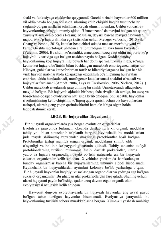 hashga o‘tgan. bir hujayrali hayvonlar haqiqiy ixtisoslashgan organoidlar va yadroga ega bo’lgan eukariot organizmlar. bu jihatdan ular prokariotlardan farq qiladi. shuning uchun ularni hujayrani paydo bo’lishiga qadar uzoq davom etgan organik olam evolyutsiyasi natijasida kelib chiqqan. hayvonat dunyosi evolyutsiyasida bir hujayrali hayvonlar eng avval paydo bo’lgan tuban tuzilgan hayvonlar hisoblanadi. evolyutsiya jarayonida bu hayvonlarning tuzilishi tobora murakkablasha borgan. xilma-xil yashash muhitiga mislanish natijasida turlar soni ham orta borgan. bir hujayralilarning (masalan, infuzoriyalarning) progressiv rivojlanishi hozir ham davom etmoqda. a.i oparinning yerda hayotnnng paydo bolishi haqidagi gipotezasida organik moddalar tirik organizmlar paydo bo’lishidan oldin nobiologik yo’l bilan sintez bo’lganin ta’kidlagan. dastlabki organizmlar atrof-muhitdagi organik moddalarni diffuziya yo’li bilan qabul qilib oziqlangan bo’lishi kerak. shunga binoan xivchinlilar va sarkodalilar juda sodda tuzilgan, hozirgacha saqlanib qolmagan eng tuban tuzilishga ega bo’lgan geterotrof eukariot organizmlardan kelib chiqqan. xivchinlilar bir hujayrali hayvonlarning bundan keyingi evolyutsiyasida katta ro’l oynaydi. infuzoriyalar kipriklilarning xichinlilarga o’xshash tuzilganligi ularni xivchinlilardan …