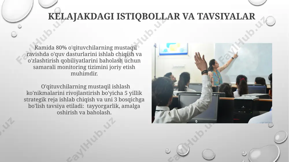 lanish rejalari tuzish foydali bo'ladi. o‘qituvchilarning mustaqil ishlash ko‘nikmalarini rivojlantirish o‘qituvchilarning mustaqil loyihalarni amalga oshirish ko‘nikmalarini rivojlantirish uchun kamida 3 ta o‘quv moduli va 10 tadan ortiq amaliy mashg‘ulotlarni o‘z ichiga olgan dastur ishlab chiqish zarur. o‘qituvchilarning mustaqil ishlash ko‘nikmalarini oshirish uchun kamida 20 soatlik treninglar va 5 ta individual konsultatsiyalarni o‘tkazish tavsiya etiladi. zamonaviy fizika ta’limi tendentsiyalari oʻquv dasturlarida 21-asr koʻnikmalari, jumladan, kritik fikrlash, hamkorlik va ijodiy yechimlar topish kabi muhim kompetensiyalarni rivojlantirishga alohida e’tibor qaratiladi. kompyuter simulyatsiyasi va virtual laboratoriyalar kabi zamonaviy texnologiyalar fizika ta’limining 30% dan koʻprogʻini tashkil etib, oʻquv jarayonini yanada interaktiv va tushunarli qiladi. davlat standartlari va talablar davlat standartlari o'qituvchilarning kamida 5 yillik tajribaga ega bo'lishini va fizika fanidan oliy ma'lumotga ega bo'lishini talab qiladi, shuningdek, pedagogik mahorat bo'yicha sertifikatga ega bo'lishlari kerak. davlat standartlariga ko'ra, o'qituvchilar yiliga kamida 20 soatlik malaka oshirish kurslarini o'tishlari va yangi pedagogik texnologiyalarni qo'llash bo'yicha amaliy ko'nikmalarga ega …