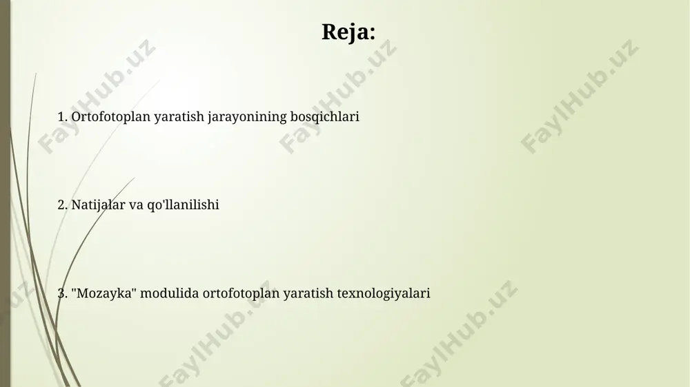 piksel o'lchamli yuqori rezolyutsiyali aerofoto suratlaridan foydalanish kerak. "mozayka" modulida ortofotoxarita yaratishda ishlatiladigan algoritmlar 10 sm gacha bo'lgan aniqlikka erishish imkonini beradi, bu esa yer uchastkalarini batafsil o'rganish uchun yetarli. georeferensiya va geometrik tuzatish “mozayka” modulida georeferensiya va geometrik tuzatish jarayoni avtomatlashtirilgan bo'lib, bu vaqtni tejaydi va xatoliklar ehtimolini kamaytiradi, shu bilan birga turli proeksiyalarni qo'llab-quvvatlaydi. geometrik tuzatishda, ortofoto xaritalarni yaratishda koordinatalar aniqligi 10 sm dan kam bo'lishi kerak, bu esa yuqori aniqlikdagi ma'lumotlar olishni ta'minlaydi. suratlarni oldindan qayta ishlash suratlarni oldindan qayta ishlash jarayoni geometrik to'g'irlash, radiometrik korreksiya va atmosfera ta'sirini bartaraf etish kabi 3 bosqichdan iborat bo'lib, natijada yuqori aniqlikdagi rasm hosil bo'ladi. georeferensiyalash jarayonida oldindan qayta ishlangan suratlarga wgs 84 kabi koordinata tizimi qo'llanilib, 1-2 sm aniqlikdagi koordinatalar olinadi. mozayka moduli haqida umumiy ma'lumot “mozayka” moduli yuqori aniqlikdagi ortofotoxaritalarni yaratish uchun mo‘ljallangan bo‘lib, u 10 dan ortiq turdagi sensorlardan olingan ma’lumotlarni qayta ishlash imkoniyatini beradi va natijada …