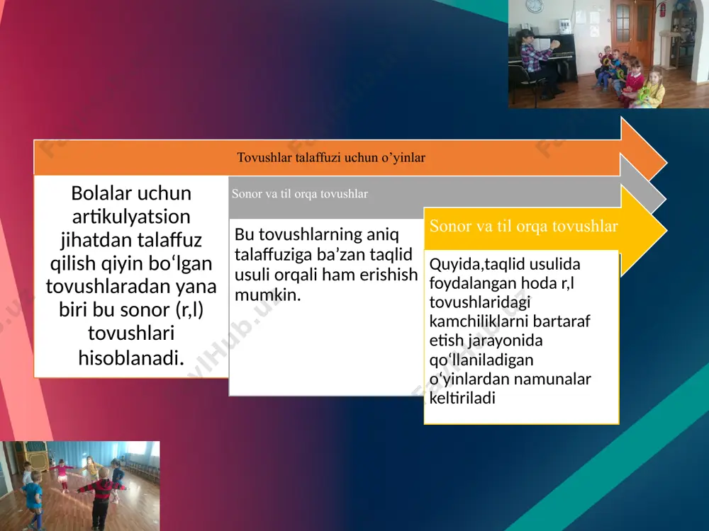 ovoziga taqlid qilishni har bir boladan individual sо‘rab boradi. “tartibni saqla” о‘yini. “tartibni saqla” о‘yini. maqsad: sо‘zlarda “r”tovushini mustaxkamlash. о‘yinning borishi: bolalar yarim doira shaklida о‘tiradilar.о‘rtada logopedning stoli turadi.stol ustiga nomida “r” tovushi ishtirok etgan predmetlar qо‘yiladi.logoped bolani oldiga chaqirib stol ustidagi predmetlar nomini aytib berishni iltimos qiladi.keyin bola stolga nisbatan teskari qarab turib stol ustiga qо‘yilagn predmetlarni nominibirma-bir aytib beradi.yuola pridmetlar nomini aytishga qiynalsa unga yana bir bartta diqqat bilan pridmetlarga qarashga ruxsat beriladi.keyin boshqa bolalar ham pidmetlar nomini aytib beradilar. logopedning ixtiyoriga qarab pridmetlar turgan tartibni о‘zgartirish yoki yangi pridmetlar qо‘yish mumkin. “orkestr” о‘yini. “orkestr” о‘yini. maqsad: “r” tovushini sо‘zlarda mustaxkamlash. о‘yinning borishi: bolalar yarim aylana shaklida о‘tirishadilar, 1- guruh boalalar turbachilar: 2-guruh skripkachilar, 3-guruh barabanchilar. logoped-dirijyor rolini bajaradi. logoped bitta guguhga qanday ovozga taqlid qilishini tushuntiradi, (trubacha,truba,skripkacha skripka ovoziga taqlid qiladi),sо‘ng topish bо‘lgan kuyni kuylashni taklif qiladi. trubachilar ru-ru-ru bо‘g‘inini kuylaydi, skripkachi ri-ri-ri,barabanchi ra-ra-ra,repititsiyadan keyin logoped dirijyorlik …