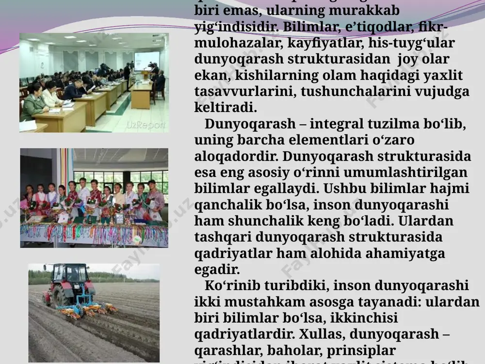 tomonlariga nazar tashlashga harakat ham qiladi falsafiy dunyoqarash – nazariy sistemalashtirilgan, izchil, asoslangan qarashlar yig‘indisidir. unda ikki qutb mavjud: olam va odam. falsafaning asosiy masalasi ana shu ikki qutb orasidagi o‘zaro munosabatni tadqiq etishdan iborat. bu masala bir necha savollar turkumiga bo‘linadi va olamni falsafiy bilishga undaydi falsafaning asosiy funksiyalari falsafaning jamiyat hayotidagi roli yuqorida aytilganlar bilan cheklanmaydi. uning asosiy roli falsafaning jamiyatda bajaradigan asosiy funktsiyalarida yanada yaqqol-roq namoyon bo’ladi. uning bunday asosiy funktsiyalari qo’yidagilar: 1) dunyoqarash funktsiyasi; 2) metodologik funktsiyasi; 3) gnoseologik funktsiyasi; 4) ijtimoiy funktsiyasi; 5) aksiologik funktsiyasi. falsafa dunyoni bir butun holda olib, unda insonning dunyoga munosabati haqidagi barcha bilimlarni nazariy jihatdan umumlashtirib, o’zlashtirish asosida bizni bir butun dunyo: borliq, materiya, tabiat, jamiyat, inson, inson ongi va tafakkuri, insonning dunyoni bilishi to’g’risidagi eng umumiy qarashlari bilan qurollantiradi. bu falsafaning dunyoqarash funktsiyasidir. dunyoqarash funktsiyasi falsafaning, falsafiy bilimlarning asosiy xususiyatidir. falsafaning dunyoqarash funktsiyasi.falsafa dunyoni bir butun holda olib, unda …