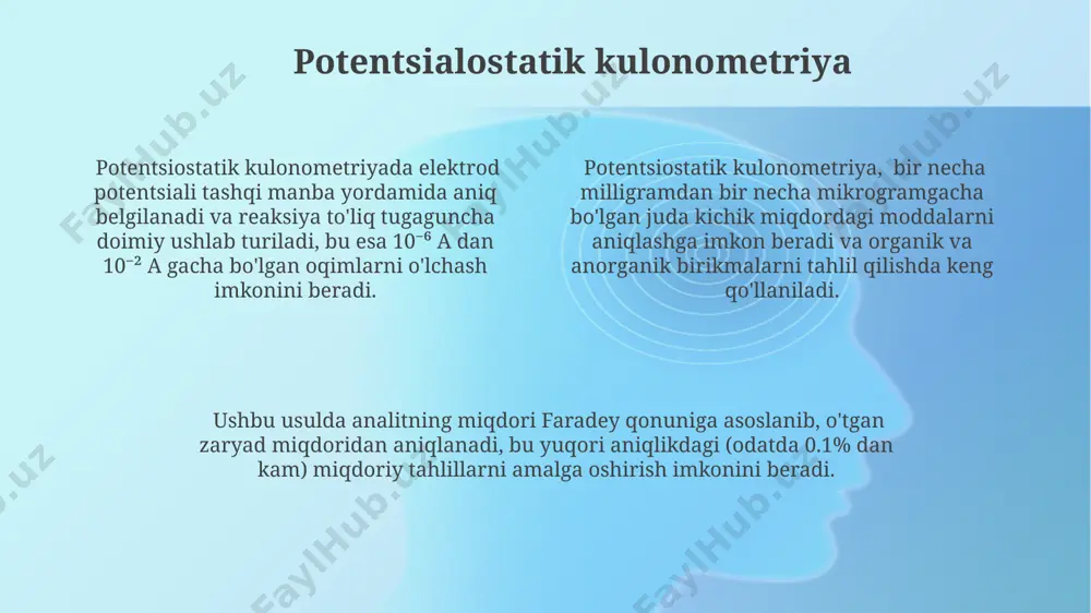 q bo'lib, yuqori temperaturada elektrod jarayonlari tezlashadi. elektrod yuzasidagi reaktsiyalarning tezligi, 10⁻⁵-10⁻² sm/s oralig'idagi elektron o'tkazuvchanlik va diffuziya koeffitsientlari bilan belgilanadi, bu esa kulometrik o'lchovlarning aniqligiga ta'sir qiladi. kulometrik tahlillarda elektrod materiallarining tarkibi va yuzasining holati muhim ahamiyatga ega bo'lib, masalan, platina elektrodining yuzasidagi adsorbtsiya hodisasi reaktsiya tezligiga 2-3 marta ta'sir etishi mumkin. galvanostatik kulonometriya ushbu usulda, elektroliz vaqti aniqlangan miqdordagi moddaning to'liq elektrolitdan chiqarilishini ta'minlash uchun hisoblab chiqiladi va odatda 10 minutdan bir necha soatgacha davom etadi. galvanostatik kulonometriya yuqori aniqlikka ega bo'lib, 0.1% dan kam xatolik bilan miqdorini aniqlash imkonini beradi, bu esa uni analitik kimyoda keng qo'llanilishiga sabab bo'ladi. galvanostatik kulonometriyada tokning qiymati doimiy bo'lib, elektroliz jarayoni 10 dan 1000 ma gacha bo'lgan tok kuchi bilan amalga oshiriladi va reaksiya tugaguncha davom etadi. e'tiboringiz uchun rahmat @taqdimot_robot image1.png