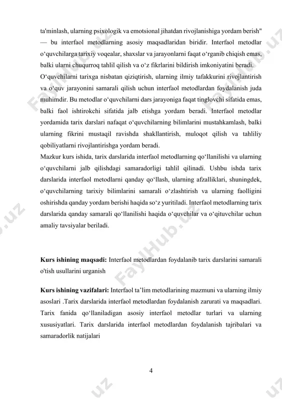 okama qiladilar, fikr almashadilar va umumiy yechimga keladilar; simulyatsiya va rolli o‘yinlar – o‘quvchilar ma’lum bir rollarda ishlashadi, bu esa ularning o‘zaro muloqot qilish qobiliyatlarini rivojlantiradi; dasturiy ta’minot va texnologiyalar – kompyuterlar, onlayn resurslar va ta’lim dasturlari yordamida o‘quvchilarning o‘rganish jarayoni yanada interaktiv holga keltiriladi; boshqa ta’lim metodlari bilan integratsiya – klassik ta’lim metodlarini interfaol elementlar bilan boyitish, masalan, ta’limda muhokama, kichik guruhlar va loyiha ishlarini qo‘llash. bugunning dolzarb muammolaridan biri ta’lim tizimi sifatini yaxshilash va o’quvchilarga sifatli ta’lim berish. buning uchun pedogoglardan interfaol metodlardan unumli foydalanish, to’g’ri tanlov va o’quvchilarda qiziqish uyg’otish talab etiladi. shu bilan birga pedagog ko’proq o’z ustida ishlashi, yangi interfaol metodlarni izlab topishi asosiy masalalardan biri bo’lib xisoblanadi hozirgi vaqtda ta’lim jarayonida o’qitishning zamonaviy metodlari keng qo’llanilmoqda. o’qitishning zamonaviy metodlarini qo’llash o’qitish jarayonida yuqori samaradorlikka erishishga olib keladi. bu metodlarni har bir darsning didaktik vazifasidan kelib chiqib tanlash maqsadga muvofiq. an’anaviy dars shaklini saqlab qolgan …