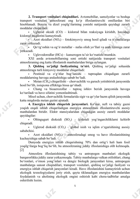 gi faoliyati va energiya ishlab chiqarish jarayonlari kiradi. havo ifloslanishini kamaytirish uchun ekologik texnologiyalarni joriy etish, qayta tiklanadigan energiya manbalaridan foydalanish va aholining ekologik ongini oshirish kabi chora-tadbirlar amalga oshirilishi lozim. 2. atmosfera ifloslanishining asosiy ifloslantiruvchi moddalar bo‘yicha tahlili atmosferaning ifloslanishiga sabab bo‘luvchi asosiy moddalar orasida oltingugurt dioksidi, azot oksidlari, uglerod oksidlari, uglevodorodlar va aerozol zarrachalar mavjud bo‘lib, ularning barchasi inson salomatligi, ekologik tizimlar va iqlim o‘zgarishiga jiddiy ta’sir ko‘rsatadi. oltingugurt dioksidi (so₂) asosan yoqilg‘i (ko‘mir, neft va gaz) yoqish natijasida hosil bo‘lib, sanoat korxonalari, elektr stansiyalari va transport vositalari orqali atmosferaga chiqariladi. ushbu moddaning eng katta zarari kislotali yog‘ingarchiliklarni keltirib chiqarishidir. so₂ suv bug‘lari bilan reaksiyaga kirishib, sulfat kislota hosil qiladi va tuproqning hosildorligini pasaytiradi, suv havzalarini ifloslantiradi hamda o‘simliklarga zarar yetkazadi. shuningdek, so₂ inson nafas olish yo‘llariga ta’sir qilib, astma va bronxit kabi kasalliklarni kuchaytiradi, kislorod almashinuvini qiyinlashtiradi va yurak-qon tomir kasalliklarining rivojlanishiga sabab bo‘ladi.[3] azot oksidlari (nox) …