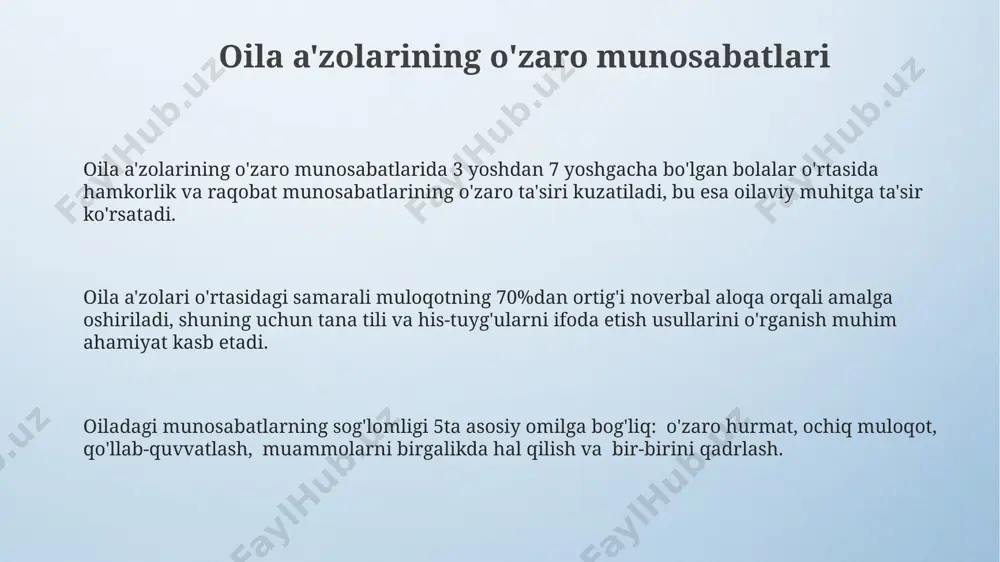 sullari zamonaviy ta'limda bolaning 5 yoshgacha bo'lgan rivojlanish bosqichlarini hisobga olish va unga moslashtirilgan o'yinlar, mashg'ulotlar orqali bilim berish samaradorligini oshirish muhim ahamiyat kasb etadi. ta'lim jarayonida texnologiyalardan, jumladan, onlayn resurslardan, ta'limiy dasturlardan foydalanish, bolaning mustaqil o'rganish qobiliyatini rivojlantirishda 30% ga yordam beradi. oilaviy ta'limda ijobiy munosabatlarni shakllantirish, bolaning hissiy-ruhiy holatini tushunish va 7 ta asosiy kommunikativ ko'nikmalarni rivojlantirishga alohida e'tibor qaratish kerak. oiladagi intizom va mas'uliyat oiladagi intizom va mas'uliyatni ta'minlashda bolalarga 5-10 yosh oralig'ida uy ishlarida yordam berish, ularga o'z vazifalarini bajarishga o'rgatish muhim ahamiyatga ega. bu mustaqillik va mas'uliyat tuyg'usini rivojlantiradi. samarali oilaviy boshqaruv tizimi, har bir oila a'zosining kundalik rejasini 30% o'ziga bag'ishlash, 70% esa umumiy oilaviy ishlarga ajratish orqali amalga oshiriladi. bu teng huquq va javobgarlikni ta'minlaydi. oilada sog'lom munosabatlarni o'rnatish va intizomni saqlash uchun, oilaviy qoidalarni birgalikda ishlab chiqish va kamida har oyda 1 marta ularni qayta ko'rib chiqish tavsiya etiladi. bu o'zaro hurmat …