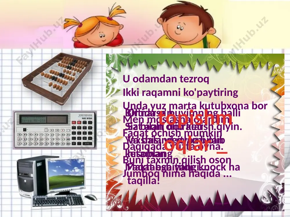 chiqdilar. bu raqamlar ustidagi operatsiyalar ushbu raqamlarning logarifmlari bo'yicha operatsiyalar bilan almashtirilganda hisob-kitoblarni soddalashtirish uchun hisoblash vositasidir. marshrut 4 leonardo da vinchi (1452-1519) tomonidan o'n g'ildirakli o'n uch bitli mexanik qo'shimchaning eskizi ishlab chiqilgan. birinchi mexanik hisoblash mashinasi 1623 yilda matematika professori vilgelm shikard (1592-1636) tomonidan yaratilgan . unda qo'shish va ayirish amallari mexanizatsiyalashgan, ko'paytirish va bo'lish esa mexanizatsiyalash elementlari bilan bajarilgan. 1642 yilda blez paskal mexanik qo'shish mashinasini ixtiro qildi. mexanik davr 1673 yilda yana bir buyuk matematik gotfrid leybnits ko'paytirish va bo'lish mumkin bo'lgan hisoblash moslamasini yaratdi. mexanik davr 1880 yilda v.t. odner rossiyada qo'shish mashinasini yaratadi birinchi hisob-analitik kompleks 1887 yilda aqshda g. xollerit tomonidan yaratilgan boʻlib, qoʻlda ishlov beruvchi, saralash mashinasi va tabulatordan iborat edi. u elektromexanik edi qanday bo'ldi? elektron hisoblash bosqichi ikkinchi jahon urushini allaqachon boshlab yuborgan nemis fashistik rejimi zuzega harbiy ehtiyojlar uchun hisoblash moslamasini ishlab chiqish buyrug'ini berdi. 1941 yilda olim uchinchi …