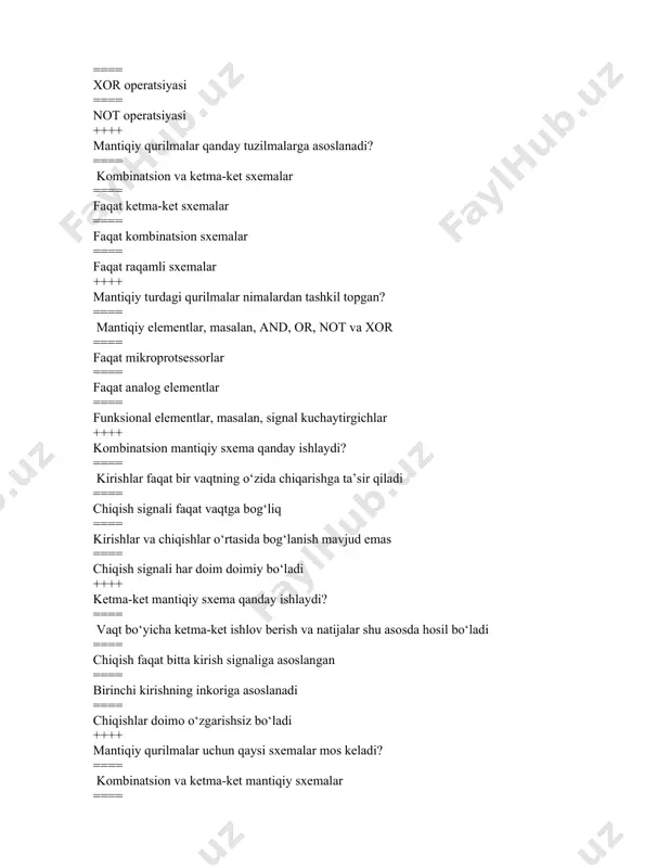 t raqamli signallarni o‘zgartiradi ==== elektron kalit sxemalar faqat analog signallarni o‘zgartiradi ==== elektron kalit sxemalar kuchlanishni faqat kuchaytiradi ++++ qaysi elektron qurilma kalit vazifasini bajaradi? ==== transistor ==== rezonator ==== induktor ==== kapasitor ++++ mosfet (metal-oxide-semiconductor field-effect transistor) ning asosiy vazifasi nima? ==== elektron kalit sifatida ishlash ==== signal kuchaytirish ==== qulay energiya saqlash ==== chiqish signallarini filtratsiya qilish ++++ elektron kalit sxemalarida qaysi elementlar ko‘pincha ishlatiladi? ==== transistorlar, diodlar, va triaklar ==== diodesiz tranzistorlar ==== diode va rezistorlar ==== induktorlar va rezistorlar ++++ qaysi elektron kalit sxemasi faqat elektr toki oqishini yo‘naltirish uchun ishlatiladi? ==== rele ==== diod ==== mosfet ==== diod va rezistorlar ++++ elektron kalit sxemasining asosiy afzalliklari nima? ==== juda tez ishlash va kam energiya iste'mol qilish ==== yuqori signal kuchaytirish imkoniyati ==== yuqori tarmoq voltajlari uchun ishlash ==== faqat analog signalni boshqarish imkoniyati ++++ qaysi transistor turi eng keng tarqalgan elektron kalit sifatida ishlatiladi? …