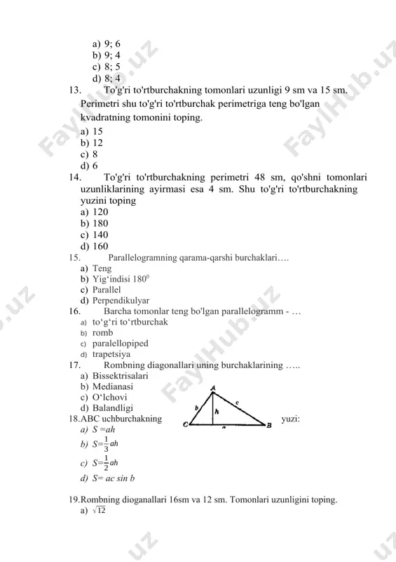 0 b) 80 c) 90 d) 100 1. teng yonli uchburchakning asosidagi burchak 650 bo‘lsa, asos qarshisidagi burchakni toping. a) 350 b) 400 c) 550 d) 500 1. qanday uchburchak mavjud emas: a) teng yonli to‘g‘ri uchburchak b) tomonlari uzunliklari 8; 3; 2 bo‘lgan uchburchak c) teng yonli o‘tmas burchakli uchburchak d) tomonlari uzunliklari 4; 3; 5 bo‘lgan uchburchak 1. uchburchakning bir burchagi 2-sidan 2 marta katta, uchinchi burchagi 2-sidan 40 kichik bo‘lsa, uning eng katta burchak gradusi nechaga teng? a) 102 b) 96 c) 92 d) 98 1. og‘ma bu a) berilgan nuqtani tekislikdagi nuqta bilan tutashtiruvchi va tekislikka perpendikulyar to‘g‘ri chiziqda yotgan kesma. b) berilgan nuqtani tekislikdagi nuqta bilan tutashtiruvchi har qanday kesma c) berilgan nuqtani tekislikdagi nuqta bilan tutashtiruvchi va tekislikka parallel to‘g‘ri chiziqda yotgan kesma d) berilgan nuqtani tekislikdagi parallel bilan tutashtiruvchi va to‘g‘ri chiziqda yotgan kesma 1. quyidagi aksiomalardan qaysi biri stereometriya aksiomalariga taalluqli emas: …