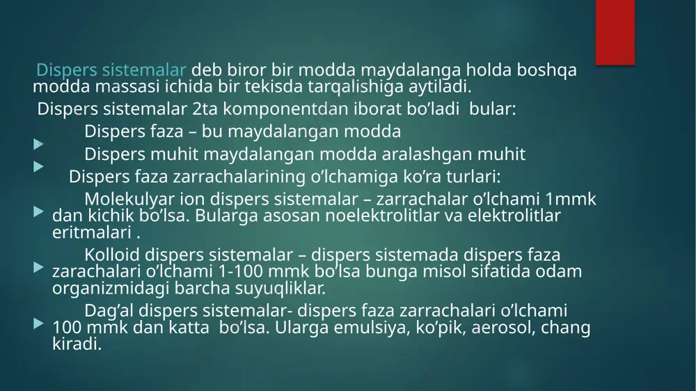 dializ elektrodializ ultrafiltratsiya dializ deb yarim o’tkazgichli membranadan o’ta oladigan aralashmadan kolloid eritmalarni tozalash usuli hisoblanadi. dializni tezlashtirish harorat ko’tarilishi bilan yarim o’tkazgichli membrane yuzasini kengaytirish orqali elektr toki yordamida tezlashtirish elektr toki yordamida o’tkaziladigan dializga – elektrodializ deyiladi . ultrfiltratsiya – kolloid eritmalarni filtrlash yo’li bilan tozalash usiliga aytiladi. agj ning kolloid zarrachasi quyidagi reaksiya natijasida hosil bo‘ladi: agno3 + kj = agj + kno3 agarda agno3 va kj teng miqdorda olinsa cagno3=ckj agj zarrachalari o’sib –o’sib oxiri chokmaga tushadi ya’ni ularning kattaligi kolloid ertma zarachalari kattaligidan katta bo’ladi.agarda daslabki moddalardan biri ortiqcha miqdorda olinsa va u stabilizator vazifasini o’taydi. yani kolloid zarracha turg;unligini taminlaydi.masalan eritmada kj otriqcha olingan bo’lsa cagno3< ckj kj=k+j ionlari ortiqcha bo’ladi kolloid zarrachalarning tuzilishi. mitsella, yadro, granula. kondetsatsiya usuli bilan olingan kumush xlorid zolining tuzulishi: agno3+kcl=agcl+kno3 ortiqcha elektroloit zol { magcl nag+(n-x)no3- x-} x no3- yadro pbi qarshi ionlar dif. qavat ads- n qavat …