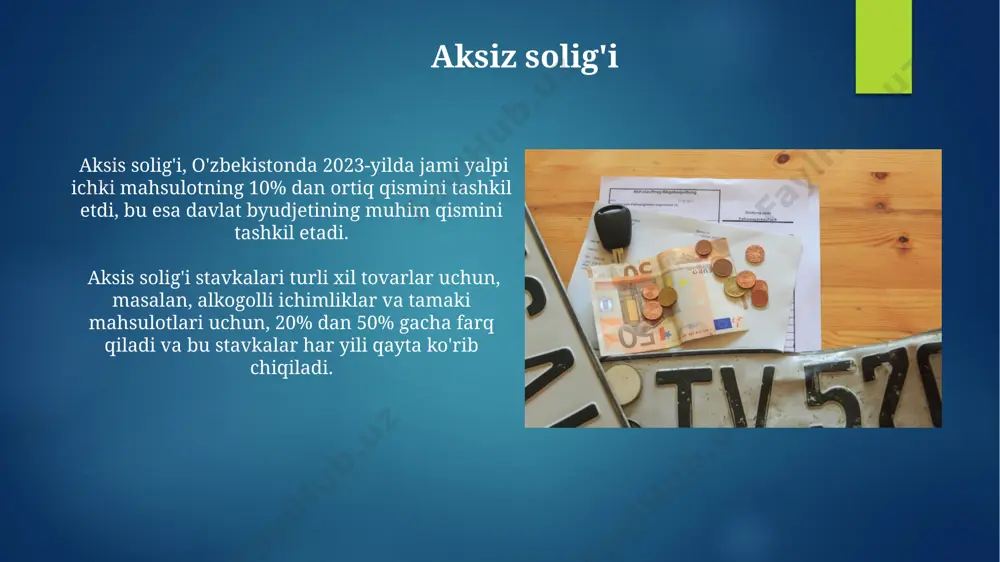 stavkasi kabi omillar hisobga olinib, har bir mulkdor uchun individual hisoblanadi. yer solig'i yer solig'i, o'zbekiston respublikasida 2023-yilda 1 gektar yer maydoni uchun o'rtacha 150 000 so'm miqdorida to'lanadi, bu hududdan va yerning unumdorligidan qat'iy nazar belgilanadi. toshkent viloyatida yer solig'i stavkalari, qoraqalpog'iston respublikasiga nisbatan, 20% ga yuqori bo'lib, bu yerning iqtisodiy ahamiyati va joylashuvi bilan bog'liq. ijtimoiy soliqlar ijtimoiy soliqlarning 2023-yilgi stavkalari o'zbekiston respublikasida o'rtacha 25% ni tashkil etdi, bu ish haqi va boshqa daromadlarning muhim qismini qamrab oldi. toshkent shahrida joylashgan kichik biznes subyektlari uchun ijtimoiy soliqlarning yengilliklari, 2024-yil 1-yanvardan kuchga kiradi, soliq yukini 10% ga kamaytiradi. soliq imtiyozlari va yengilliklari сурхондарё вилоятида аграр секторда фаолият юритаётган корхоналарга 2025 йилгача фойда солиғи бўйича 3 йиллик имтиёз берилиши натижасида 100 дан ортиқ иш ўрни яратилди. қорақалпоғистон республикасида 2024 йилдан бошлаб экспорт қилинаётган маҳсулотлар учун 10% лик қўшилган қиймат солиғи ставкаси 5% гача пасайтирилди. бу экспортёрларга 50 миллион сўмдан ортиқ …
