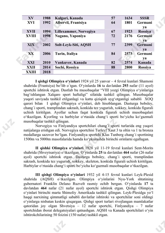yk-siti, aqsh 77 2399 germaniya xx 2006 turin, italiya 84 2573 germaniya xxi 2010 vankuver, kanada 82 2574 kanada xxii 2014 sochi, rossiya 88 2800 rossiya xxiii 2018 i qishgi olimpiya o‘yinlari 1924 yil 25 yanvar – 4 fevral kunlari shamoni shahrida (frantsiya) bo‘lib o`tgan. o‘yinlarda 16 ta davlatdan 293 nafar (11 ayol) sportchi ishtirok etgan. dastlab bu musobaqalar “viii yozgi olimpiya o‘yinlariga bag‘ishlangan xalqaro sport haftaligi” sifatida tashkil qilingan. musobaqalar yuqori saviyada tashkil etilganlagi va katta qiziqish uyg‘otganligi sababli xoq qarori bilan i qishgi olimpiya o‘yinlari, deb hisoblangan. dasturga bobsley, chang`i sporti, tramplindan sakrash, konkida tez yugurish, xokkey, konkida figurali uchish kiritilgan. ayollar uchun faqat konkida figurali uchish musobaqalari o‘tkazilgan. kyorling va harbiylar o‘rtasida chang‘i sporti bo‘yicha ko‘gazmali musobaqalar tashkil qilingan. norvegiya va finlyandiya sportchilari chang`i sporti turlarida eng yuqori natijalarga erishgan edi. norvegiya sportchisi turleyf xaut 3 ta oltin va 1 ta bronza medallarga sazovor bo‘lgan. finlyandiya sportchi …