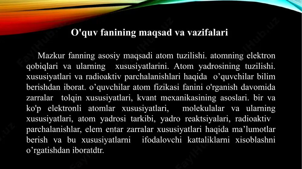 ro energetikasi ham yadro fizikasi boʻlimlari hisoblanadi. umuman yadro fizikasi atom yadrosi mavjudligi aniqlanishidan avval paydo boʻlgan. yadro fizikasining paydo boʻlishi radioaktivlik kashf qilingan vaqtdan hisoblanadi. zamonaviy yadro fizikasi tor soha va yoʻnalishlarga aniq boʻlinmagan. odatda, past, oraliq va yuqori energiyalar yadro fizikasi farqlanadi. past energiyalar yadro fizikasiga yadro tuzilishi masalalari, yadrolarning radioaktiv yemirilishini oʻrganish, shuningdek, energiyasi 200 mev gacha boʻlgan zarralar keltirib chiqaradigan yadro reaksiyalarini oʻrganish kiradi. energiyasi 200 mev dan 1 gev gacha boʻlgan energiyalar oraliq energiyalar deb, 1 gev dan katta energiyalar yuqori energiyalar deb ataladi. bunday boʻlinish shartli boʻlib, tezlatish texnikasining rivojlanishi tarixi bilan bogʻliq. hozirgi zamon yadro fizikasida yadro strukturasi yuqori energiyali zarralar yordamida tekshiriladi. elementar zarralarning fundamental xossalari esa yadrolarning radioaktiv yemirilishini tadqiq qilish natijasida aniqlanadi. past energiyalar yadro fizikasining tarkibiy qismi sekin neytronlarning modda bilan oʻzaro taʼsirini va neytronlar taʼsirida boradigan yadro reaksiyalarini tadqiq qiluvchi neytron fizikasidan iborat. yadro fizikasining yangi sohasi koʻp …