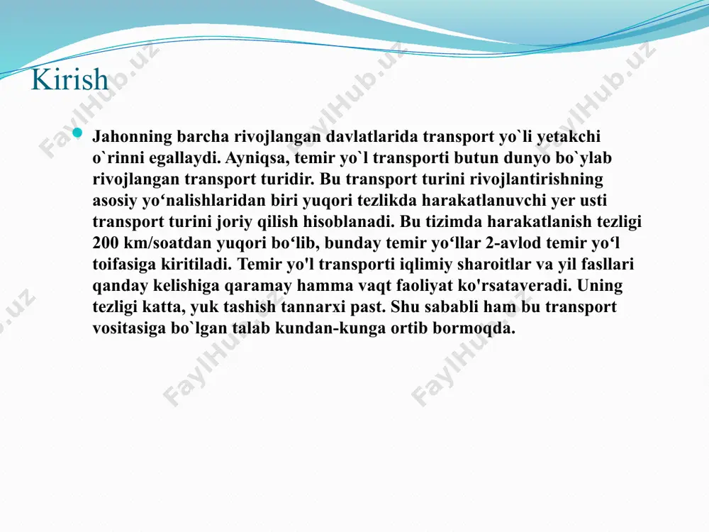 r yo'llarining deyarli hammasi elektrlashtirilgan va ular ikki yo'lli hisoblanadi. o`zbekistonda temir yo`llar tarixi. oʻzbekistonda dastlabki temir yoʻl 1886—88 yillarda zakaspiy temir yoʻlining forob stansiyasidan samarqandgacha yotqizilgan. 1888 yil may oyida amudaryo orqali 2,7 km uzunlikdagi yogʻoch koʻprik qurib bitkazilishi bilan temir yoʻlda samarqandgacha poyezdlar qatnovi boshlandi. keyinchalik bu yoʻl 1895—97 yillarda ursatyevskaya (xovos) stansiyasidan qoʻqongacha davom ettirildi. 1906 yil yanvarda toshkent — orenburg temir yoʻl (toshkent temir yoʻli) ishga tushirildi. 1907 yil kogon—buxoro, 1913—16 yillarda fargʻona halqa temir yoʻlning qoʻqon—namangan—andijon qismi, 1913—15 yillarda kogon—amudaryo stansiyasi va qarshi—kitob shoxobchalari qurildi. 1917 yilga qadar hozirgi oʻzbekiston hududida jami temir yoʻl uzunligi 1,1 ming km edi. xalqaro faoliyati temir yo’l transporti qo’shni davlatlar bilan iqtisodiy aloqalarni amalga oshirishda muhim rol o’ynaydi, hozirgi kunga kelib “o’zbekison temir yo’llari” aj nafaqat mdh mamlakatlari a’zolari bilan balki chet el mamlakatlari bilan temir yo’l sohasida hamkorlik to’g’risida ikki tomonlama kelishuvga egadir. jamiyat shuningdek halqaro temir yo’l …