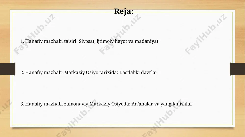 fiy ulamolari va ularning markaziy osiyo tarixidagi roli hanafiy ulamolari, 15-asrda samarqand va buxoroda faoliyat yuritgan, islom huquqini rivojlantirishda muhim rol o‘ynab, madrasalar orqali minglab talabalarni tarbiyalaganlar. 18-asrda qo‘qon xonligida hanafiy mazhabi hukumat siyosatiga katta ta’sir ko‘rsatib, qonunlarning 30% dan ortig‘i hanafiy fiqhga asoslangan. e'tiboringiz uchun rahmat @taqdimot_robot image7.jpg image8.jpg image9.jpg image10.jpg image11.jpg image3.png image4.png