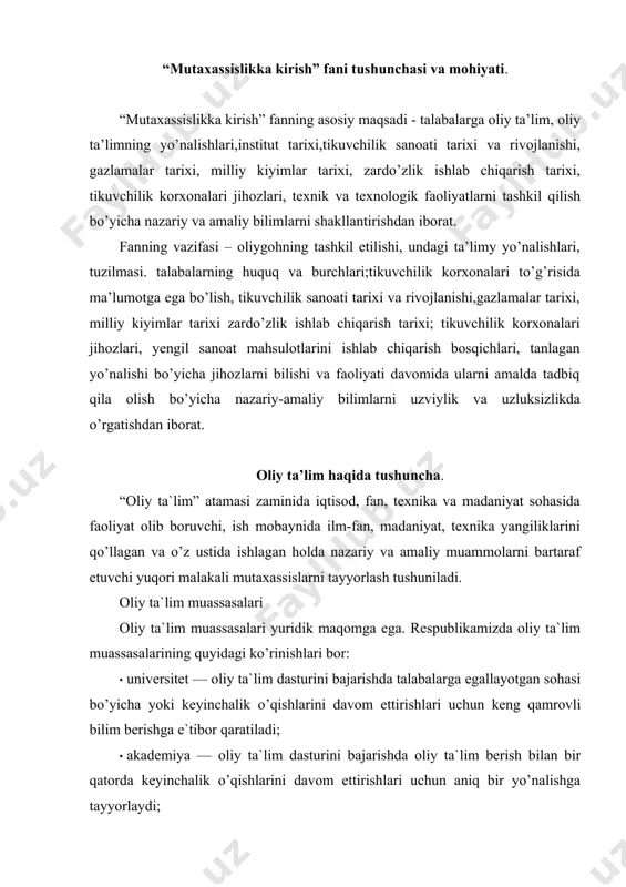 sh bilan bir qatorda keyinchalik o’qishlarini davom ettirishlari uchun aniq bir yo’nalishga tayyorlaydi; · institut — barcha oliy ta`lim muassasalari kabi oliy ta`lim dasturini bajaradi, bilim berishda bir yo’nalishga qaratilgan bilim beriladi. oliy ta`lim olish uchun nodavlat muassasalarini tuzishga qonunchilik ruxsat beradi. ushbu muassasaga davlat akkretaditatsiyani attestatsiya dan tegishli tartibda o’tgachgina bersa u o’qitish huquqiga ega. oliy ta`lim muassasalarining attestatsiya u davlatga tegishli yoki xususiyligidan qat`iy nazar, kadrlar tayyorlash sifatini nazorat qilish boshqarmasi tomonidan o’zbekiston respublikasi vazirlar mahkamasi tasdiqlagan, davlat test markazi tomonidan qabul qilingan pedagogik kadrlar va ta`lim muassasalarining attestatsiyadan o’tkazish nizomi asosida oliy ta`lim muassasalarining professoro’qietuvchilar jamoasi attestatsiyasidan o’tkaziladi. attestatsiya natijalariga ko’ra istalgan oliy o’quv muassasasi davlat akkreditasisidan mahrum etilishi mumkin. eksternat — oliy ta`lim dasturiga muvofiq oliy ta`lim muassasasining o’qitiluvchi tartibini keyingi(joriy va kuniy) attestatsiyagacha tanlangan yo’nalish (mutaxassislik) bo’yicha mustaqil o’rganish. masofaviy ta`lim — asosiy faoliyatdan uzilmagan holda ta`lim muassasasidan uzoqda o’quv dasturidagi mavjud bilimlarni o’zlashtirish. u …