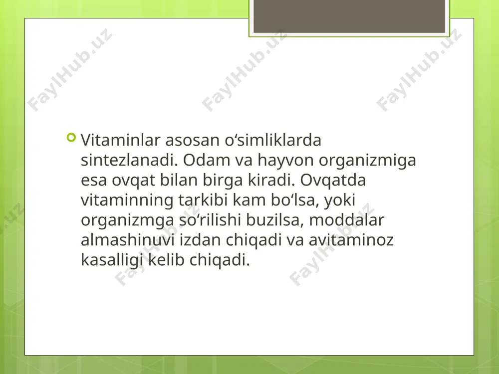 rangsizlanadi. bir necha daqiqadan keyin probirkaning yuqori qismidagi suyuqlik yana sariq rangni oladi. vitamin pp (b5, nikotin kislotasi) mis atsetat bilan boradigan reaksiya reaktivlar: a) nikotin kislotasini 0,75% li eritmasi, b) 15% li sirka kislota, v) 5% li mis astetat. ishning bajarilishi: 2 ml nikotin kislota eritmasiga 1 ml 15% li sirka kislotasidan solinadi va qaynatiladi. keyin 1-1,5 ml mis astetat eritmasidan qo‘shiladi. probirkada avval havorang aralashma paydo bo‘ladi, keyin esa nikotin kislotasining ko‘k rangli mis tuzi cho‘kmaga tushadi. natriy karbonat bilan boradigan reaksiya nikotin kislotasini suvsiz natriy karbonat bilan qizdirilganda, spestifik qo‘lansa hid ajralib chiqadi. reaktivlar: a) nikotin kislotasining kukuni, b) suvsiz natriy karbonat. ishning bajarilishi: kichkina chinni idishda 0,05g nikotin kislotasi 0,1-0,15g suvsiz natriy karbonat bilan aralashtiriladi va qizdiriladi. natijada piridinning yoqimsiz xidi ajralib chiqadi. vitamin b6 (piridoksin) vitamin b6 ning temir xlorid bilan beradigan reaksiyasi piridoksin temir xlorid bilan reakstiyaga kirishib, qizil rangli kompleks hosil qiladi. reaktivlar: …