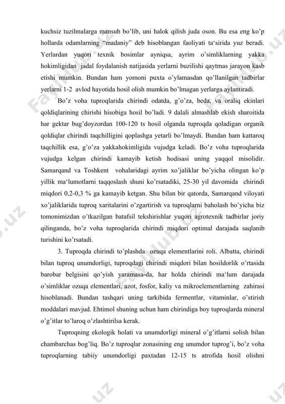 alarini o’zgartirish va tuproqlarni baholash bo’yicha biz tomonimizdan o’tkazilgan batafsil tekshirishlar yuqori agrotexnik tadbirlar joriy qilinganda, bo’z voha tuproqlarida chirindi miqdori optimal darajada saqlanib turishini ko’rsatadi. 3. tuproqda chirindi to’plashda ozuqa elementlarini roli. albatta, chirindi bilan tuproq unumdorligi, tuproqdagi chirindi miqdori bilan hosildorlik o’rtasida barobar belgisini qo’yish yaramasa-da, har holda chirindi ma‘lum darajada o’simliklar ozuqa elementlari, azot, fosfor, kaliy va mikroelementlarning zahirasi hisoblanadi. bundan tashqari uning tarkibida fermentlar, vitaminlar, o’stirish moddalari mavjud. ehtimol shuning uchun ham chirindiga boy tuproqlarda mineral o’g’itlar to’laroq o’zlashtirilsa kerak. tuproqning ekologik holati va unumdorligi mineral o’g’itlarni solish bilan chambarchas bog’liq. bo’z tuproqlar zonasining eng unumdor tuprog’i, bo’z voha tuproqlarning tabiiy unumdorligi paxtadan 12-15 ts atrofida hosil olishni ta‘minlaydi. shuning uchun ham o’zbekistonning sug’oriladigan tuproqlarida mineral o’g’itlarni qo’llash, agrotexnik kompleksni asosiy zarur qismidir. mineral ozuqa elementlarining asosiylari azot, fosfor, kaliydan bo’z voha tuproqlari xuddi boshqa tuproqlar singari eng ko’p azotga muhtojdir. hozirgi vaqtda g’o’za ekilayotgan sug’oriladigan …
