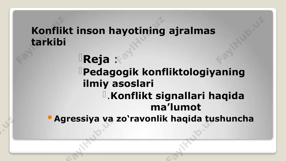 k madaniyatini shakllantirish yo‘llari va usullari, har tomonlama o‘rganilgan pedagogik konfliktologiya fanini o‘rganishda «konflikt», «ijtimoiy konflikt», «pedagogik konflikt» tushunchalari pedagogik konfliktologiya fanini to‘ldirib boradi va uning kelib chiqish mohiyatini ochib beradi. pedagogik konfliktologiya fanini o‘rganishda «konflikt», «ijtimoiy konflikt», «pedagogik konflikt» tushunchalari fanning asosiy ildizlari 9 bo‘lib hizmat qiladi. shu o‘rinda “konflikt”, “ijtimoiy konflikt”, “pedagogik konflikt” tushunchalariga alohida to‘xtalsak. 5 .konflikt signallari haqida ma’lumot konflikt signallari konfliktning to‘la namoyon bo‘lishidan oldin tomonlar o‘rtasida odatdagi to‘g‘ri munosabatlar o‘rtasida kelishmovchilik, inqiroz, o‘zaro tushunmaslik, hasadgo‘ylik (g‘ayirlik), ayrmakashlik vujudga kelayotganligini namoyon etadi. konflikt signallariga bee’tiborlilik uning kelgusida rivojlanib ketishi uchun asos bo‘lib xizmat qiladi. shu bois, konflikt signallarini bilish va ularga e’tiborli munosabat talab qilinadi. konflikt signallariga inqiroz, tomonlar orasidagi tanglik, tushunmovchilik, hasadgo‘ylik (g‘ayirlik), insidentlar, diskomfort kiradi. ularning mazmunini tushunish, ularga nisbatan mutanosib munosabat odatda konfliktning erta anglanishi, inqirozning oldi olinishi va uning hal etilishi uchun asos bo‘lib xizmat qiladi inqiroz tomonlar orasidagi ma’lum ijtimoiy, …