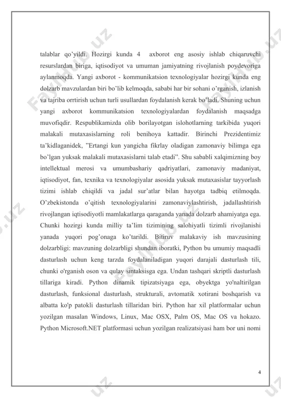 izi” veb sahifasi bilan internetda to 1996-yilgacha stiv mayevskiy ismli kishi taniqli edi. u ham macintoshni yoqtirardi va bu narsa uni gvido bilan yaqinlashtirdi. o`sha paytlarda gvido bbc ning “monti paytonning havo sirki” komediyasining muxlisi edi va o`zi yaratgan tilni monti payton nomiga python deb atadi (ilon nomiga emas). til tezda ommalashdi. bu dasturlash tiliga qiziqqan va tushunadigan foydalanuvchilar soni ko`paydi. boshida bu juda oddiy til edi. shunchaki kichik interpretator bir nechta funksiyalarga ega edi. 1991-yil birinchi oyd(obyektga yo`naltirilgan dasturlash) vositalari paydo bo`ldi. bir qancha vaqt o`tib gvido gollandiyadan amerikaga ko`chib o`tdi. uni cnri korparatsiyasiga ishlashga taklif etishdi. u o`sha yerda ishladi va korparatsiya shug`ullanayotgan proektlarni python tilida yozdi va bo`sh ish vaqtlarida tilni interpretatorini rivojlantirib bordi. bu 1990-yil python 1.5.2 versiyasi paydo bo`lguncha davom etdi. gvidoning asosiy vaqti korparatsiyani proektlarini yaratishga ketardi bu esa unga yoqmasdi. chunki uning python dasturlash tilini rivojlantirishga vaqti qolmayotgandi. shunda u o`ziga tilni rivojlantirishga …