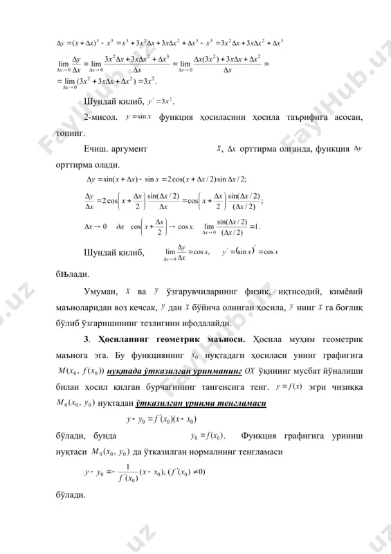ункциянинг ҳосиласини ҳосила таърифига асосан топинг. ечиш. лимитни ҳисоблаймиз. шундай қилиб, . 2-мисол. функция ҳосиласини ҳосила таърифига асосан, топинг. ечиш. аргумент embed equation.3 , орттирма олганда, функция орттирма олади. шундай қилиб, бњлади. умуман, ва ўзгарувчиларнинг физик, иқтисодий, кимёвий маъноларидан воз кечсак, дан бўйича олинган ҳосила, нинг га боғлиқ бўлиб ўзгаришининг тезлигини ифодалайди. 3. ҳосиланинг геометрик маъноси. ҳосила муҳим геометрик маънога эга. бу функциянинг нуқтадаги ҳосиласи унинг графигига нуқтада ўтказилган уринманинг ўқининг мусбат йўналиши билан ҳосил қилган бурчагининг тангенсига тенг. эгри чизиққа нуқтадан ўтказилган уринма тенгламаси бўлади, бунда embed equation.3 . функция графигига уриниш нуқтаси да ўтказилган нормалнинг тенгламаси бўлади. 3-мисол. эгри чизиққа абсциссаси нуқтада ўтказилган уринма ва нормалнинг тенгламасини ёзинг. ечиш. ёки , , бу нуқтадан ўтказилган уринманинг тенгламаси. нормалнинг бурчак коэффициенти демак, ёки , бњлиб, бу нуқтадан ўтказилган нормалнинг тенгламаси бўлади. 4. мураккаб функция ҳосиласи ва ҳосилалар жадвали 1). aгар , , яъни мураккаб функция бўлса, функциянинг ўзгарувчи бўйича …
