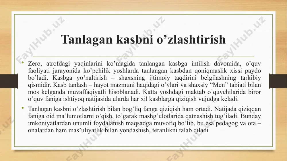 rga etishmaydi. ilk o‘spirinlarning hayotiy rejalarini amalga oshirish va kasb tanlashi ijtimoiy sharoitlarga, ayniqsa ota-onaning umumta’lim darajasiga bog‘liq.ota-onaning ta’lim darajasi qanchalik yuqori bo‘lsa, farzandlarining oliy-o‘quv yurtida o‘qishni davom ettirishi va bu rejalarni amalga oshirish ehtimoli shunchalik yuqoridir. hayotiy rejalarni amalga oshirish ehtimoli yigitlarda qizlarga nisbatan yuqoridir kasbiy yo‘nalganlik nafaqat ijtimoiy, balki psixologik muammo hamdir. psixologiyada kasbiy yo‘nalganlik bo‘yicha uch nazariy nuqtai nazar mavjud. birinchi nuqtai nazar faoliyatning muvaffaqiyati va usullari bog‘liq bo‘lgan individual xususiyatlarning amaliy o‘zgarmasligi va barqarorligi haqida g‘oyaga asoslangan. bunda birinchi tomondan, u yoki bu ishga mos insonlarni kasbga yo‘llash va tanlashga urg‘u beriladi, ikkinchi tomondan u yoki bu insonning individual xususiyatlariga mos kasblarni tanlashda namoyon bo‘ladi. ikkinchi nuqtai nazar qobiliyatlarni maqsadga muvofiq shakllantirish ikkinchi nuqtai nazar qobiliyatlarni maqsadga muvofiq shakllantirish g‘oyasidan kelib chiqadi, bunda har bir insonning muhim xislatlarini rivojlantirish nazarda tutiladi. yuqorida keltirilgan bu ikki nuqtai nazar ham har xil shakllantirilishi mumkin, lekin ularning umumiy metodologik …