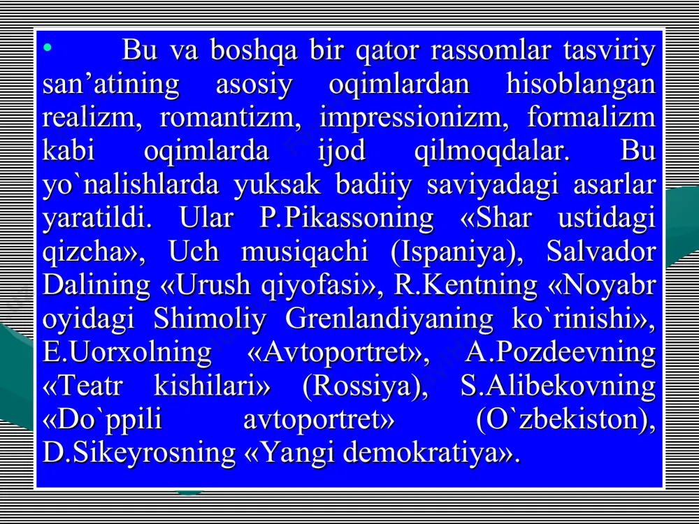 ibsiz harakati tasvirlanadi. abstraktsionistlarning dastlabki vakillari v.kandinskiy (rus), saymur likton, dеyvid smit, jеkson polloka (amеrikalik), p’еr sulaja (frantsuz), karеla appеla (golland) edilar. klassitsizm – lotincha so`z bo`lib, «namunaviy» dеgan ma’noni bildiradi va u xuii-xix asrlarda frantsiyada shakllandi. bu oqim vakillari o`z ijodlari uchun qadimgi dunyo madaniyati va san’atini o`zlari uchun namuna qilib oldilar. bu oqimda yaratilgan asarlarda mazmunni mantiqiy rivojlanib borishi, kompozitsiyada muvozanatni aniq ifodalanishi, zix chiziqni umumlashgan ravon bo`lishi, hajmni aniq andoza asosida ifodalash talab etiladi. rang esa g`oyani ifodalashda yordamchi vazifani bajarishi lozim edi. bu oqim vakillaridan n.pussеn, k.lorrеn, a.mеnchs, a.losеnko kabilarni ko`rsatish mumkin. simvolizm – xix asr boshlari-xx asrda shakllangan еvropa va amеrika san’atidagi oqimdir. bu yo`nalishdagi rassomlar ijodining asosini simvolli-obraz tashkil etadi. bu simvollar turli ma’noni bildirib, asarda yashiringan holda ifodalanadi. ayniqsa dunyoni boshqarayotgan sirli g`ayritabiiy mistik kunlar asarda asosiy o`rinni egallaydi. bu oqim vakillari rangtasvirchi frantsiyalik p.shavanna va gеrmaniyalik x.marе, a.fеyеrbax edilar. tasviriy san’atda 1860-1880 …
