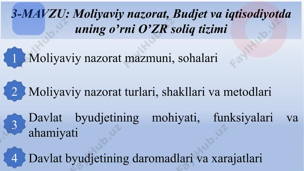 larning muomala xarajatlari; • maxsulot tannarxi va foydasi; • uy xo‘jaliklarining daromadlari va xarajatlari va boshqalar. moliyaviy nazorat sub’yektlari bo’lib vakolatli davlat organlari, shuningdek, moliyaviy qonunlarga rioya qilinishini tekshirish bo’yicha faoliyatni amalga oshirish huquqiga ega bo’lgan nodavlat tashkilotlar va muassasalari hisoblanadi. davlat moliyaviy nazoratining maqsadi davlat moliyaviy faoliyatining qonuniyligi va samaradorligini ta’minlash sifatida belgilanishi mumkin. iqtisodiy jihatdan taraqqiy etgan mamlakatlarda moliyaviy nazorat, bir tomondan, o‘zaro ta’sirchan va ikkinchi tomondan, alohidalashgan (mustaqil bo‘lgan) 2 sohaga bo‘linadi: davlat moliyaviy nazorati nodavlat moliyaviy nazorati moliyaviy nazorat o‘z ichiga quyidagi tekshiruvlarni oladi: iqtisodiy qonunlarning talablariga rioya etish (mdni taqsimlash va qayta taqsimlash proporsiyalarining optimalligi); byudjet rejasini tuzish va ijro etish (byudjet nazorati); korxona va tashkilotlar, byudjet muassasalariga tegishli bo‘lgan mehnat, moddiy va moliyaviy resurslardan samarali foydalanish; o‘zaro soliq munosabatlari. 1. pul fondlarining o‘lchami va moliyaviy resurslarga bo‘lgan ehtiyoj o‘rtasidagi mutanosiblikka (balanslilikka) ta’sir ko‘rsatish; 2. davlat byudjeti oldidagi majburiyatlarning o‘z vaqtida va to‘liq bajarilishini ta’minlash; …