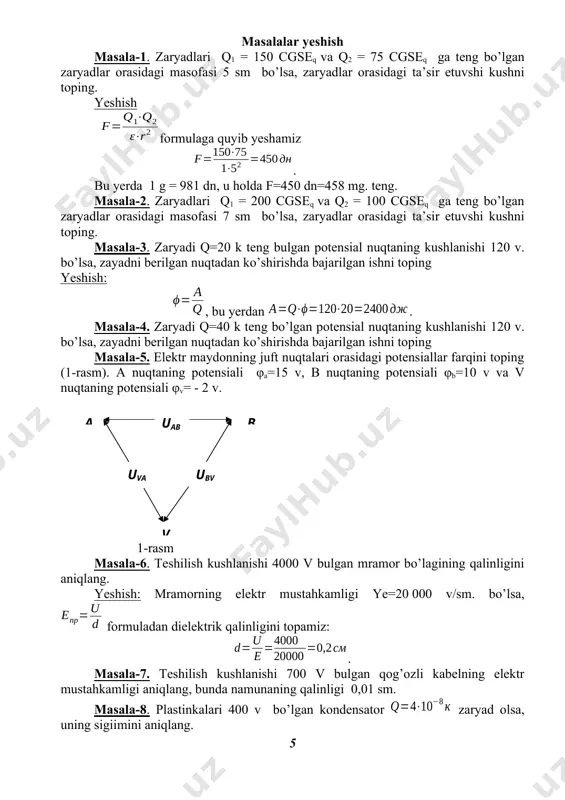 rning ekvivalent qarshiligi hamda tarmoq toklari aniqlansin. javob: rekv=10,4 om, i=2,5 a, i1=0,7 a, i3=1,4 a, i5=1 a, i6=1,5 a, masala 4. elektr tok zanjiri u=60 b kushlanishga ulanganda, r=300 vt quvvat sarflanadi. qarshilik parametrlari r2=15 om, r3=5 om teng bo’lganda, r1 qarshilik qiymati va tarmoq toklari aniqlansin. javob: r1=8,25om, i1=3,75 a, i2=1,25 a, i=5 a, masala 5. ko’prik sxemada ulangan tok zanjirining qarshilik parametrlari r1=10 om, r2=20 om, r3=40 om, r4=30 om bo’lib, u=210 b kushlanishga ulangan. uav – potensial kushlanishi aniqlansin. javob: uav=20 b (  )masala 6. qarshiliklari ko’prik sxemada ulangan tok zanjirining parametrlari: r1=10 om, r2=20 om, r3=40om, r4=30 om kushlanishi u=15,6 b. kalit ulangan va uzilgan xollar ushun ekvivalent qarshilik va qarshiliklardan oqib o’tuvshi toklar qiymati aniqlansin. javob: a) rekv=8 om, i=1,95 a, i1=i2=0,65 a, i3=i4=1,3 a, v) rekv=7,8 om, i=2 a, i1=0,5 a, i2=0,8 a, i3=1,5 a, i4=1,2 a, masala 7. aralash sxemada ulangan …