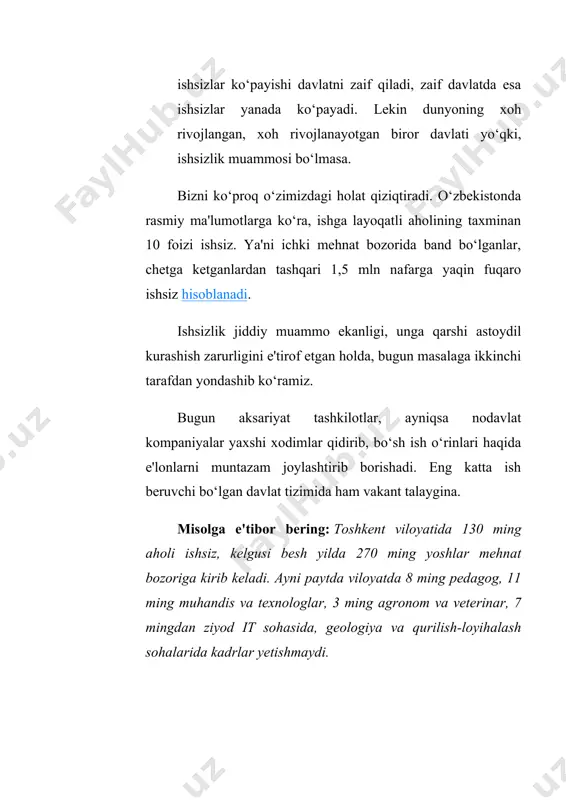 adida, xizmatchilarning asosiy lavozimlari va ishchilar kasblari klassifikatorida tegishli o‘zgartirishlar kiritilib, 2 035ta kasblarga bo‘lgan talablar oliy ma'lumotdan o‘rta ma'lumotga tushirildi. bundan tashqari, oliy ma'lumot talab etadigan bo‘sh ish o‘rinlariga nomzodning talab etiladigan ma'lumoti bo‘lmasa-da, lekin amaliy ko‘nikma va tajribasi mavjud bo‘lsa, malakani baholash markazlarida imtihon topshirib, ularning guvohnomasi bilan ishga kirishi mumkin. ishchi kasblar bo‘yicha yaxshi mutaxassislarga talab va ularning ish haqi darajasi ham oshmoqda. kasblar bo‘yicha hisobchi — 8,4 ming (3,6 foiz), haydovchi — 8,6 ming (3,7 foiz), tikuvchi — 7,4 ming (3,2 foiz), maktabgacha ta'lim muassasalarida tarbiyachi va tarbiyachi yordamchisi — 5,7 ming (2,4 foiz), muhandis — 3,1 ming (1,3), chilangar — 3,8 ming (1,6 foiz), oshpaz — 2,4 ming (1 foiz), duradgor — 4,9 ming (2,1 foiz), sotuvchi 2,1 ming (1 foiz) va hokazolarga talab mavjud. 2.2. farg’ona ishsizlik statistikasi. farg'ona viloyati hududlari bo‘yicha iqtisodiy faol aholi, bandlar va ishsizlar soni tartib raqami yillar farg’ona viloyati …