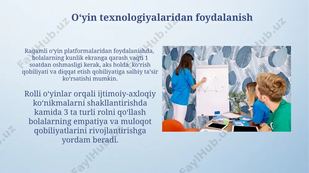 yicha bilim va ko'nikmalarini oshirish maqsadida, 5-6 ta amaliy mashg'ulotlar o'tkazish va ularning natijalarini baholash orqali ta'lim samaradorligini kuchaytirish mumkin. taʼlimning turli shakllari va usullaridan foydalanish ta'limda interaktiv o'yinlardan (masalan, 5-7 yoshli bolalar uchun 3 turdagi didaktik o'yinlar) foydalanish, bolalarning faol ishtirokini ta'minlab, bilim olish jarayonini qiziqarli va samarali qiladi. differentiatsiya qilingan yondashuv (3 xil darajadagi topshiriqlar) har bir o'quvchining individual ehtiyojlarini qondirib, ularning bilim darajasiga mos ravishda o'rganish imkoniyatini beradi. baholovchi mezonlar va natijalarni tahlil qilish baholash mezonlari aniq va o'lchanuvchan bo'lishi kerak, masalan, 5 ball shkalasi yordamida o'quvchilarning 80% dan ortig'i maqsadga erishganligini baholash. samaradorlikni baholashda kamida 3 ta ko'rsatkichdan foydalanish tavsiya etiladi: o'quvchilarning bilim darajasi, ularning faolligi va o'z-o'zini rivojlantirish darajasi. oʻquvchilarda mustaqil fikrlashni rivojlantirish debatlar va munozaralar orqali oʻquvchilarning fikrlash tezligini va argumentlash qobiliyatini oshirish mumkin, bu ularning bahs-munozaralarga ishtirok etish darajasini 15-20% ga yaxshilaydi. oʻquvchilarning mustaqil fikrlashini rivojlantirishda 5-7 yoshli bolalarda kuzatish va tahlil qilish …