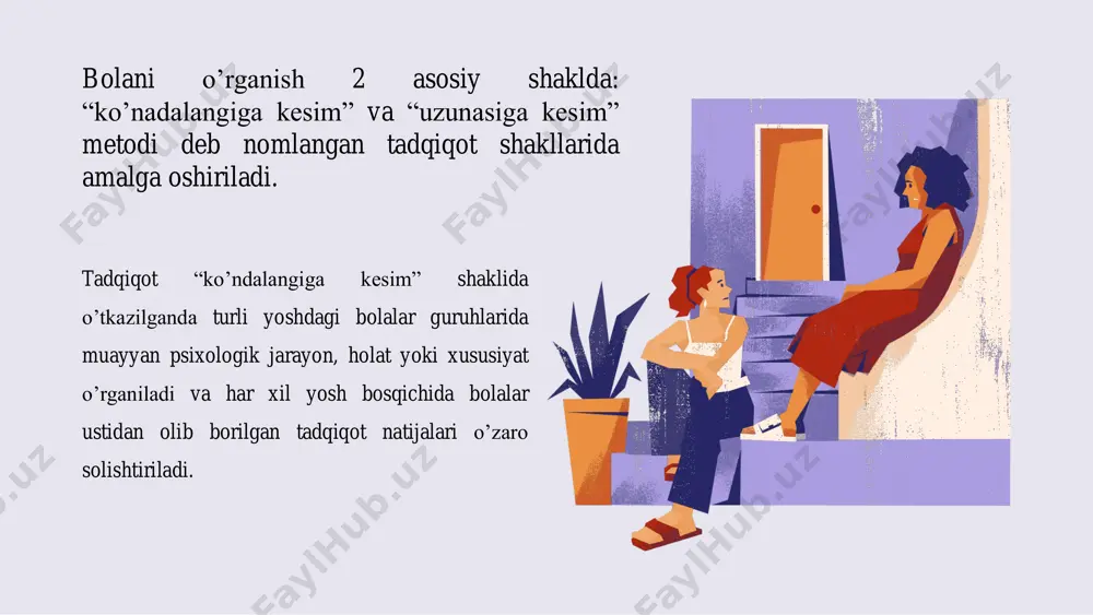 motlar analiz qilinib, bolaga psixologik xarakteristika tuziladi, vaqti – vaqti bilan tanlab kuzatilganda bolaning barcha xulq – atvori va hatti – harakatlari emas, balki faqat ma’lum hatti – harakatlari (diqqati yoki xotirasi) bilan bog’liq bo’lgan tomonlari o’rganiladi. bolalar psixologiyasida keng qo’llaniladigan yana bir asosiy metod – eksperiment metodidir. eksperiment metodi kuzatish metodiga nisbatan aktiv metod xisoblanadi. eksperiment metodida u yoki bu psixik protsessni kachon yuzaga kelishini kutib o’tirmay, bu protsessni eksperimentatorning o’zi yuzaga keltiradi. shuningdek o’rganilayotgan psixik protsessni bolalarda bir necha marta takrorlab o’rganish mumkin, yana kulay tomoni shundaki, bu metod kuzatish metodi singani ko’p vaqt talab qilmaydi. eksperiment metodi 3 ga bo’linadi: 1) laboratoriya eksperimenti 2) tabiiy eksperiment 3) pedagogik- psixologik eksprement metodi. laboratoriya eksperimenti maxsus tashkil qilingan laboratoriyalarda turli asboblar yordami bilan o’tiladi. tabiiy eksperimentda biror psixik protsess o’rganilayotganda maxsus sharoit yuzaga keltiriladi. bolalar psixologiyasida eksperimentning har ikkala turidan keng foydalaniladi. biroq bu metodlardan bolalar psixiologiyasida foydalanishning o’ziga …