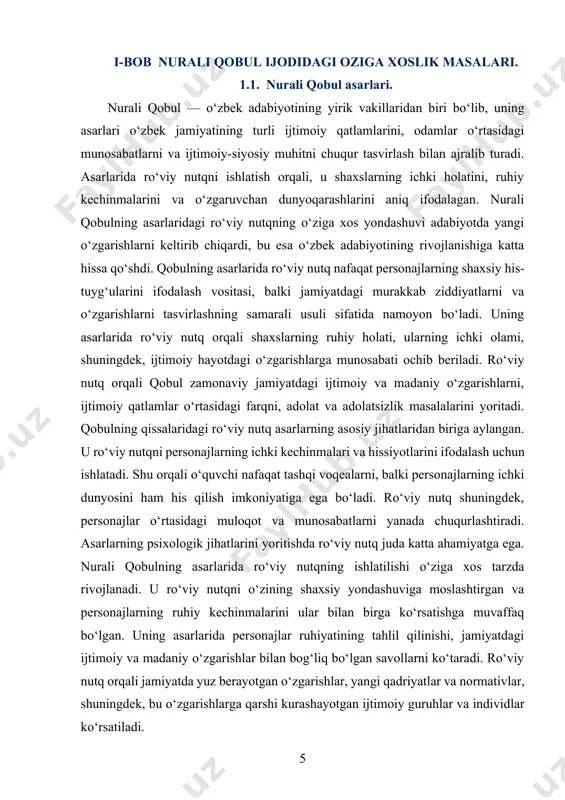 qiladi. qobulning ro‘viy nutqi, shu bilan birga, adabiy asarning ijtimoiy ahamiyatini oshiradi va o‘quvchiga nafaqat badiiy, balki ijtimoiy tahlil qilish imkonini ham beradi. nurali qobulning ro‘viy nutqi o‘zbek adabiyotida muhim o‘rin tutadi. u o‘z asarlarida nafaqat personajlarning ichki holatini, balki o‘sha davrning ijtimoiy, siyosiy va madaniy hayotini ham tahlil qilgan. ro‘viy nutq orqali, qobul zamonaviy jamiyatdagi o‘zgarishlarga, ziddiyatlarga va ijtimoiy-siyosiy vaziyatlarga o‘z qarashlarini bildirib, bu masalalarni adabiy tahlil qilishga muvaffaq bo‘lgan. uning asarlarini o‘rganish, nafaqat o‘zbek adabiyotining rivojlanishini, balki o‘sha davrdagi ijtimoiy hayotni tushunish imkonini ham beradi. qobulning ro‘viy nutqi adabiyotda yangi bir bosqichni boshlab berdi. u shaxslarning ichki kechinmalarini, ularning ijtimoiy munosabatlarini va jamiyatdagi o‘zgarishlarga munosabatlarini ifodalashda ro‘viy nutqni samarali ishlatdi. bu o‘zbek adabiyotiga yangi yondashuvlarni olib kirdi va adabiy asarlarda personajlar ruhiyatini chuqurroq tahlil qilish imkonini berdi. shuning uchun, nurali qobulning asarlarida ro‘viy nutqni o‘rganish, o‘zbek adabiyotining rivojlanish jarayonini anglashda muhim o‘rin tutadi. nurali qobul o‘zbek adabiyotining yirik …